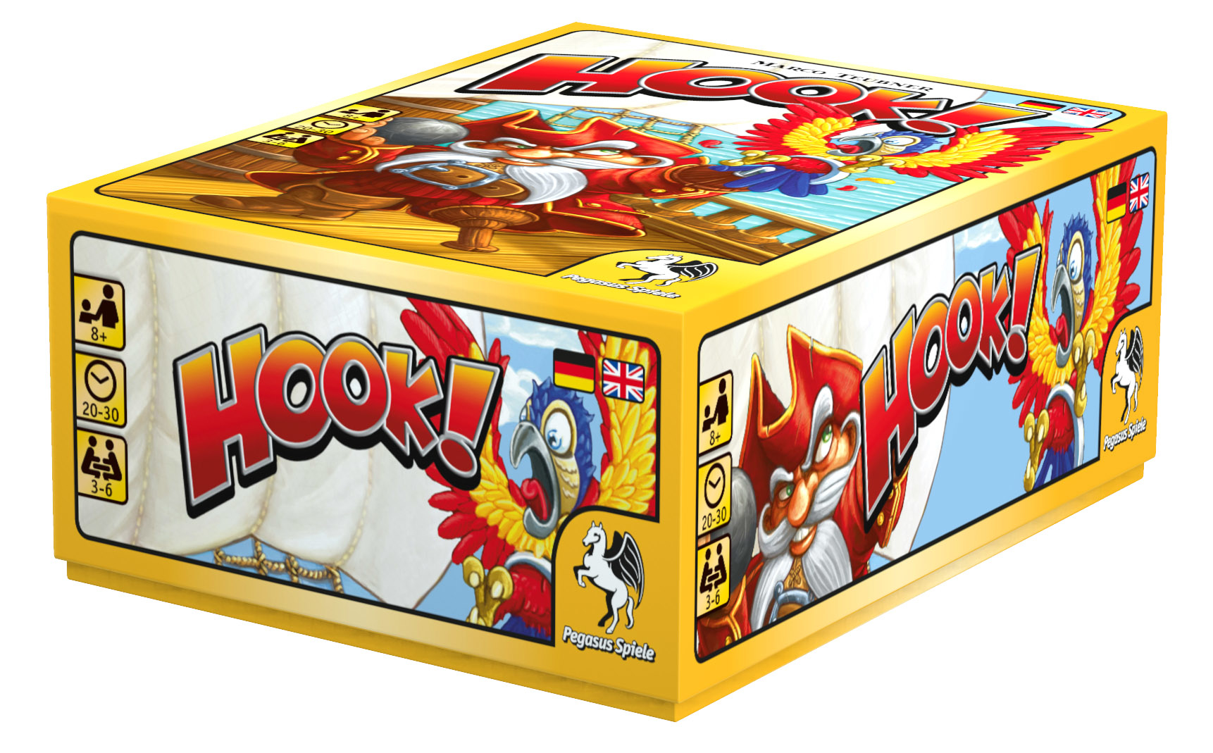 Die gelbe Spielschachtel von Hook! zeigt eine Illustration mit einem Piraten, einem Papagei und dem Schriftzug.