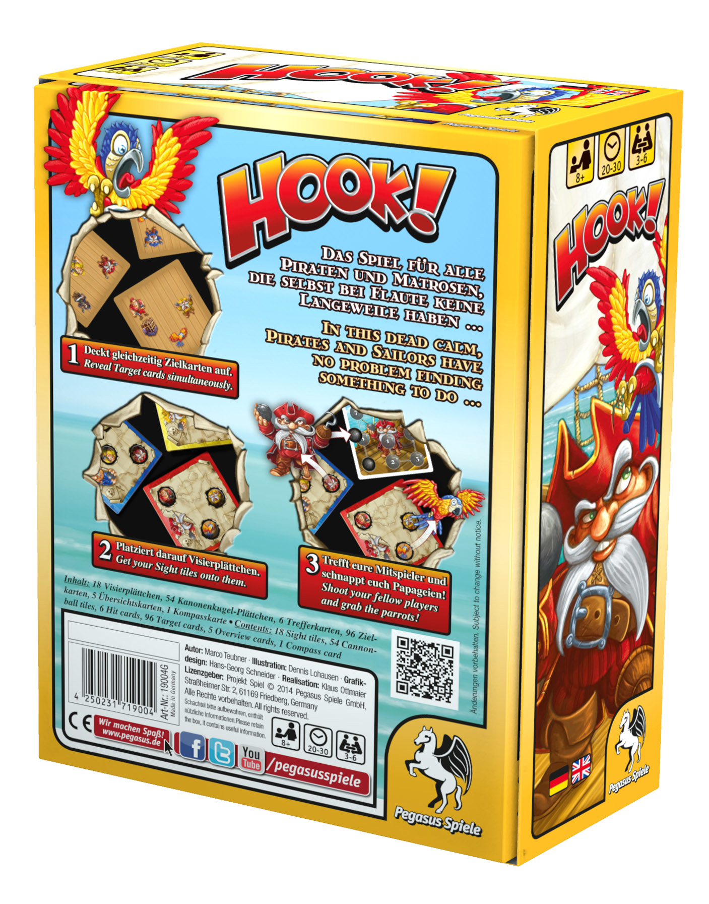 Rückseite der gelben Brettspielbox "Hook!" mit Illustrationen von Piraten, Karten und Spielregeln auf Blau.