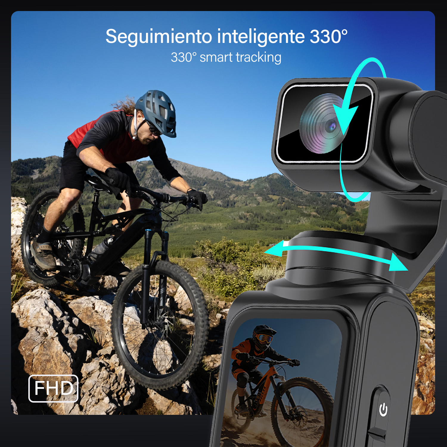 Una cámara de acción con función de giro muestra a un ciclista en terreno accidentado.