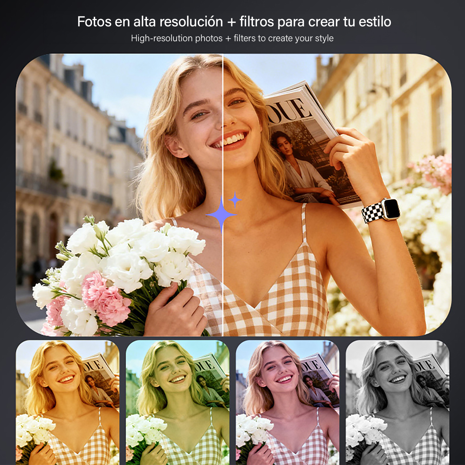 Una mujer rubia sostiene flores y una revista, mostrada con varios filtros de color.