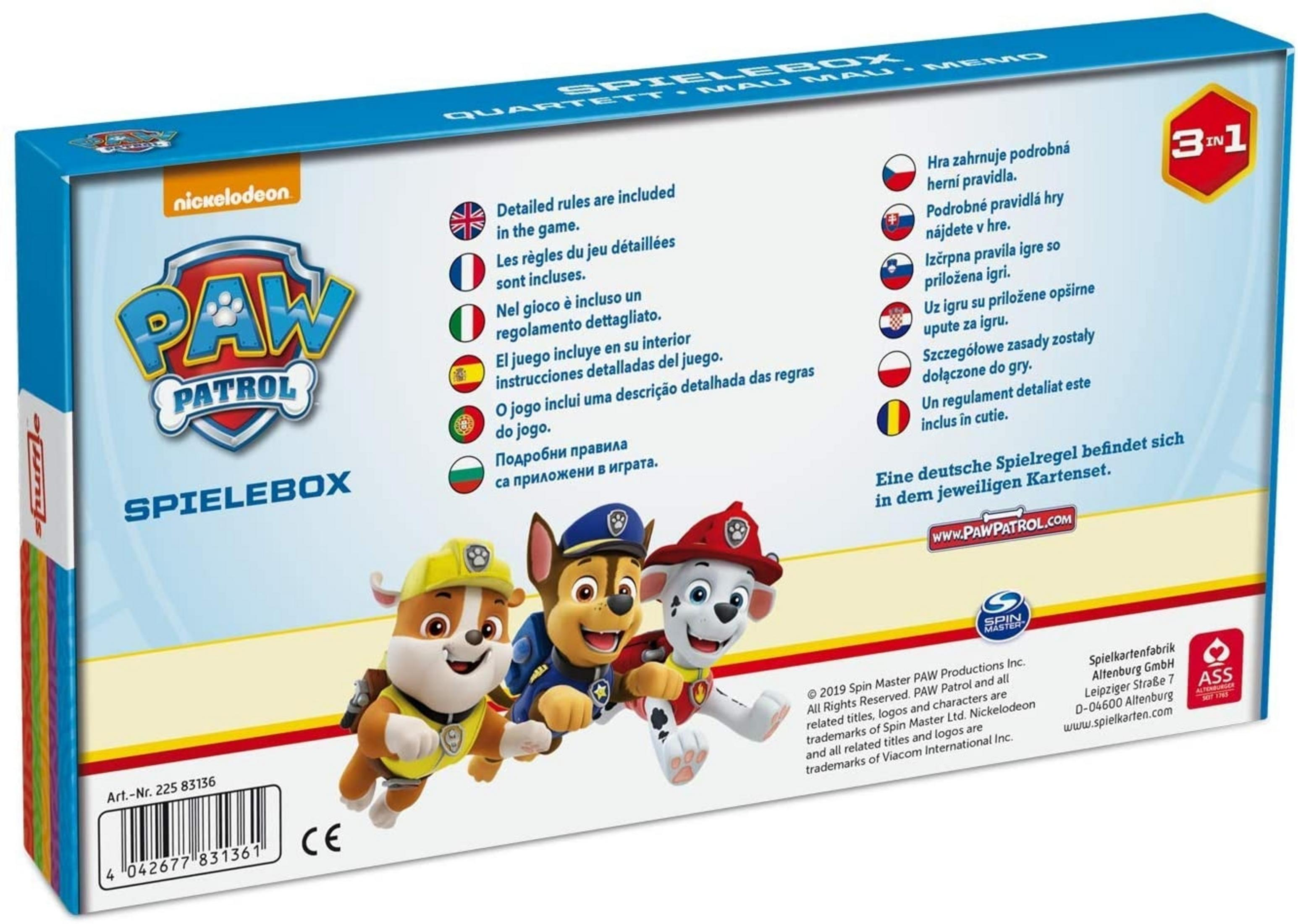 Rückseite einer Paw Patrol 3-in-1-Spielebox mit den Figuren Rubble, Chase und Marshall und mehrsprachigem Text.