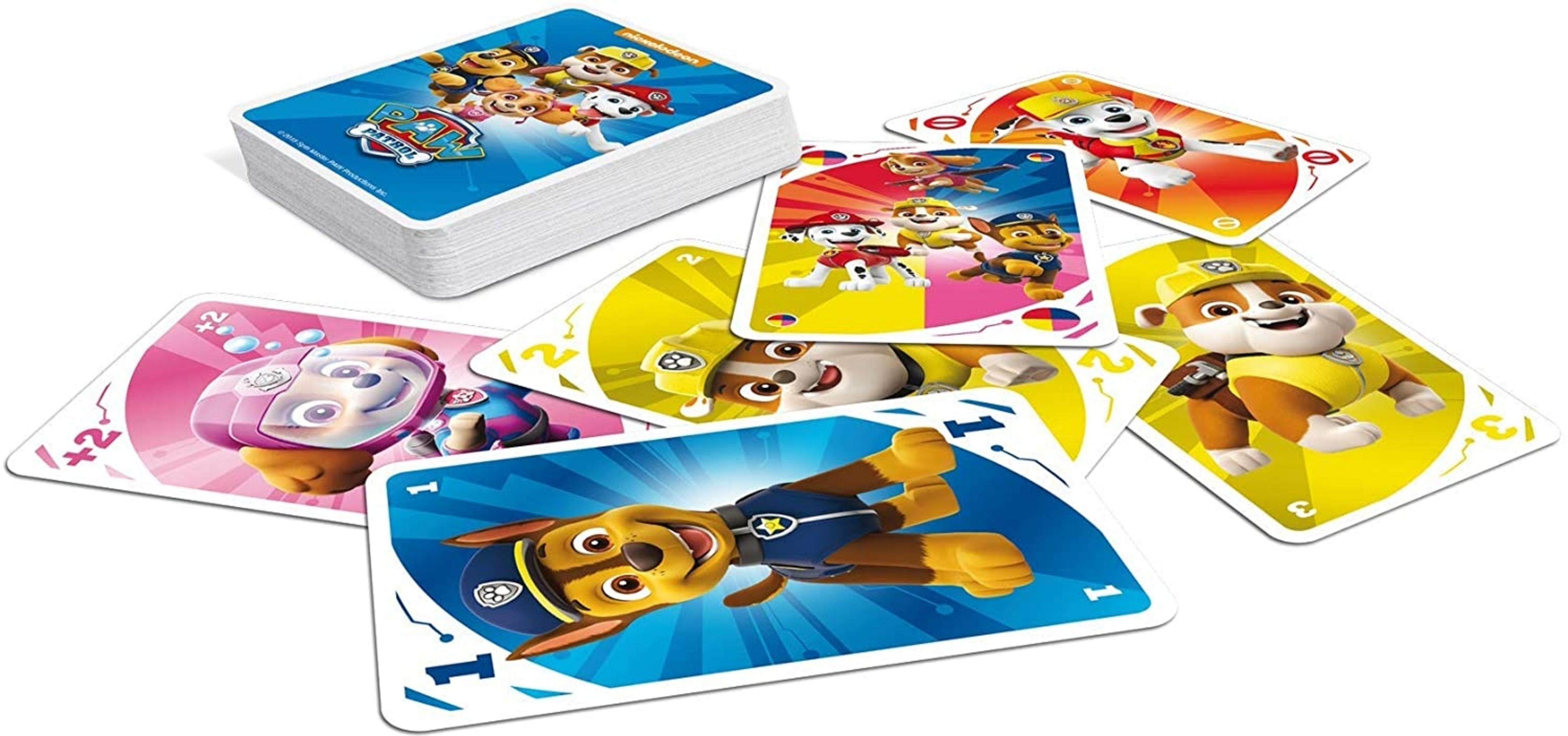 Paw Patrol Uno Kartenspiel mit Kartenstapel und bunten Charakterkarten.