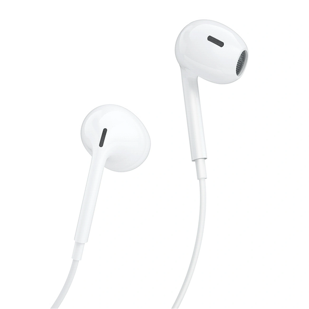 Due cuffie in-ear con cavo bianco su sfondo bianco.