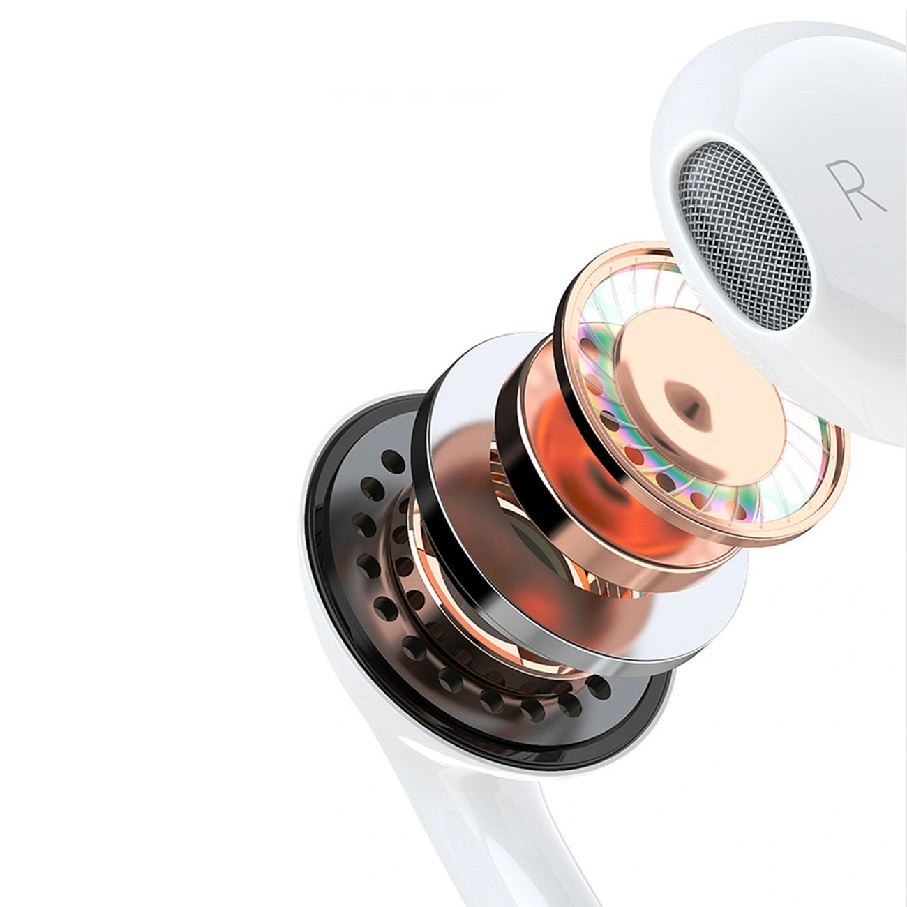 Una vista esplosa di un auricolare bianco che mostra i suoi componenti interni come driver e griglia.