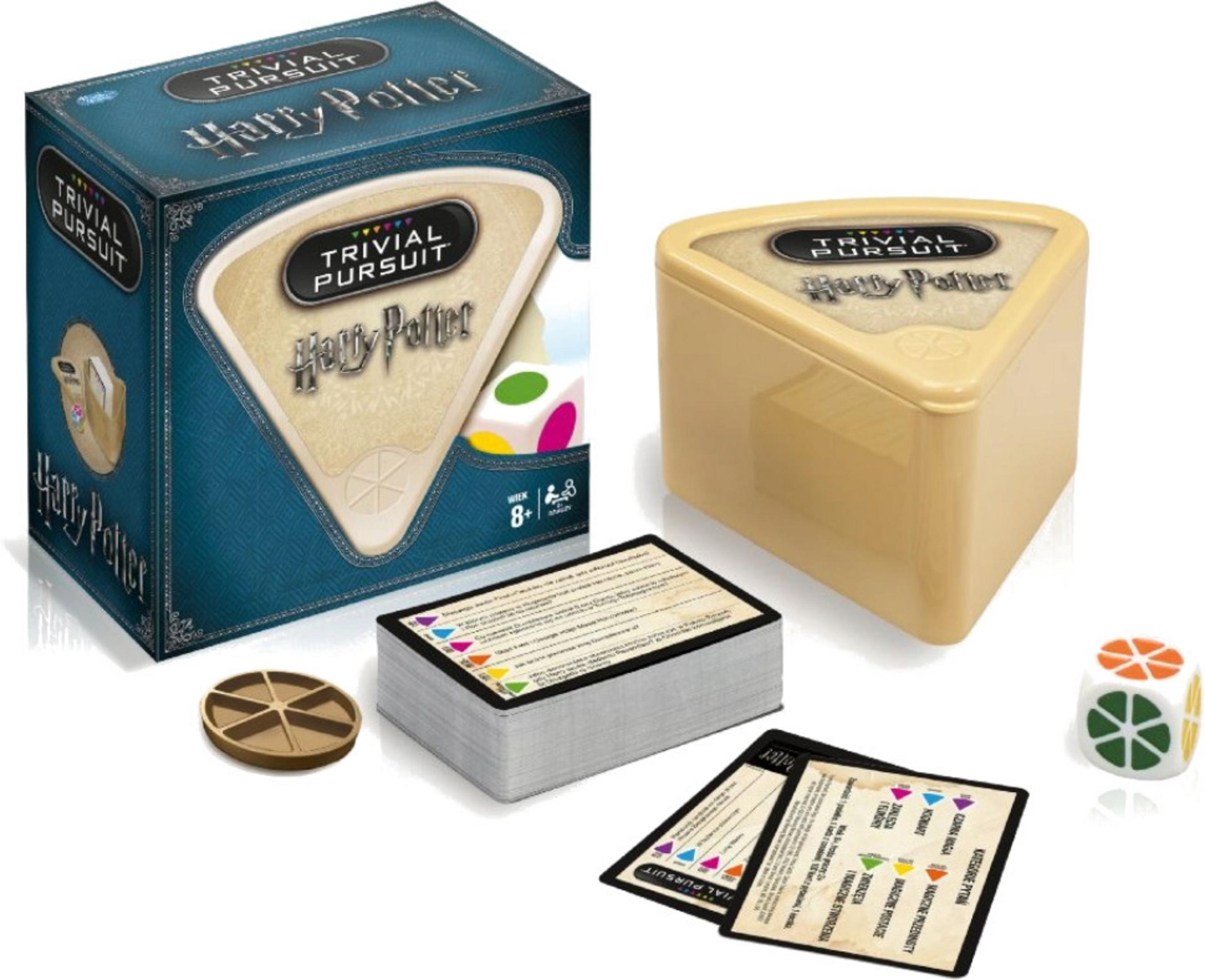 Harry Potter Trivial Pursuit Spielbox, Kechetui, Kartendeck, Kechmarke und farbiger Würfel.