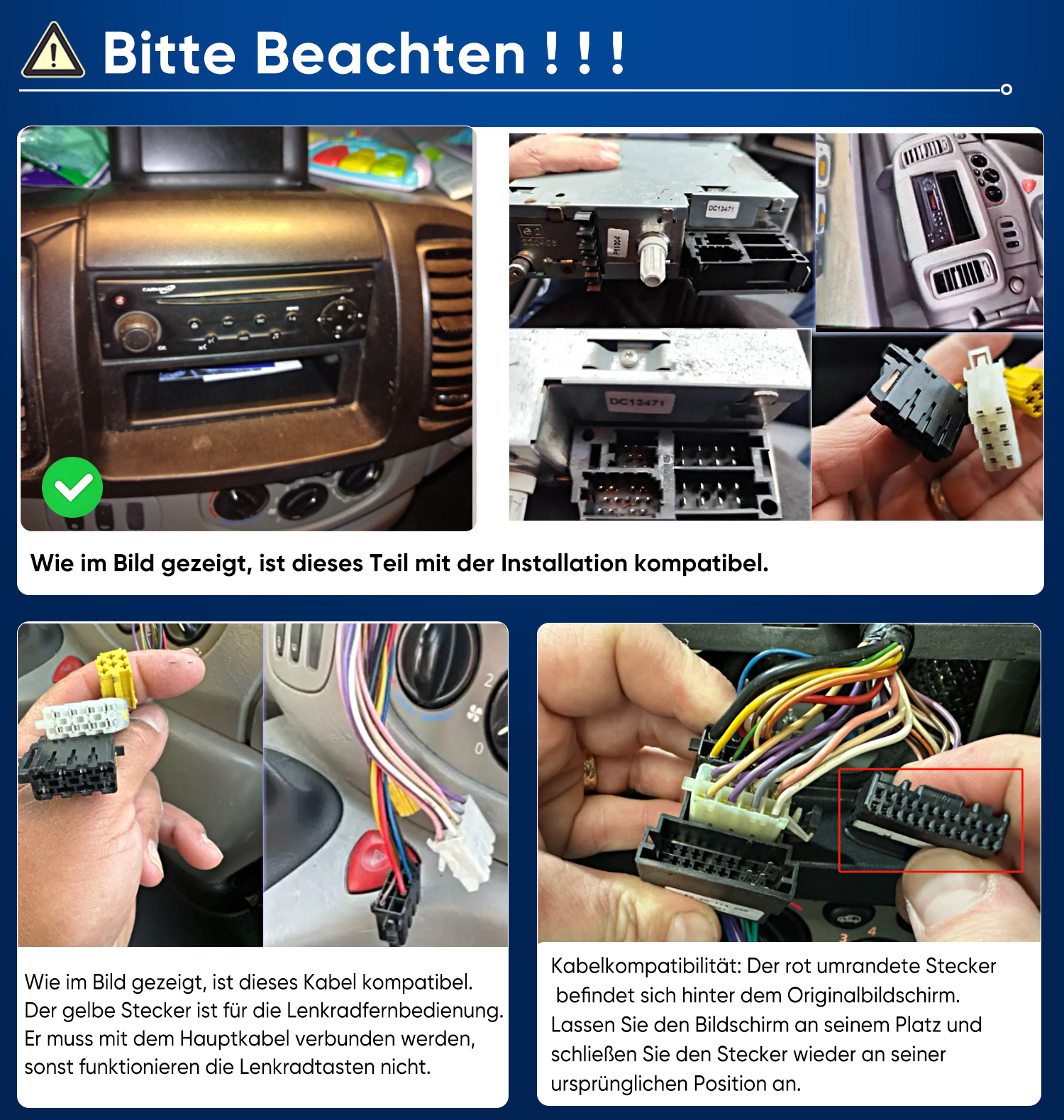 Anleitung zur Autoradio-Installation mit Kompatibilitätshinweisen und Steckern.