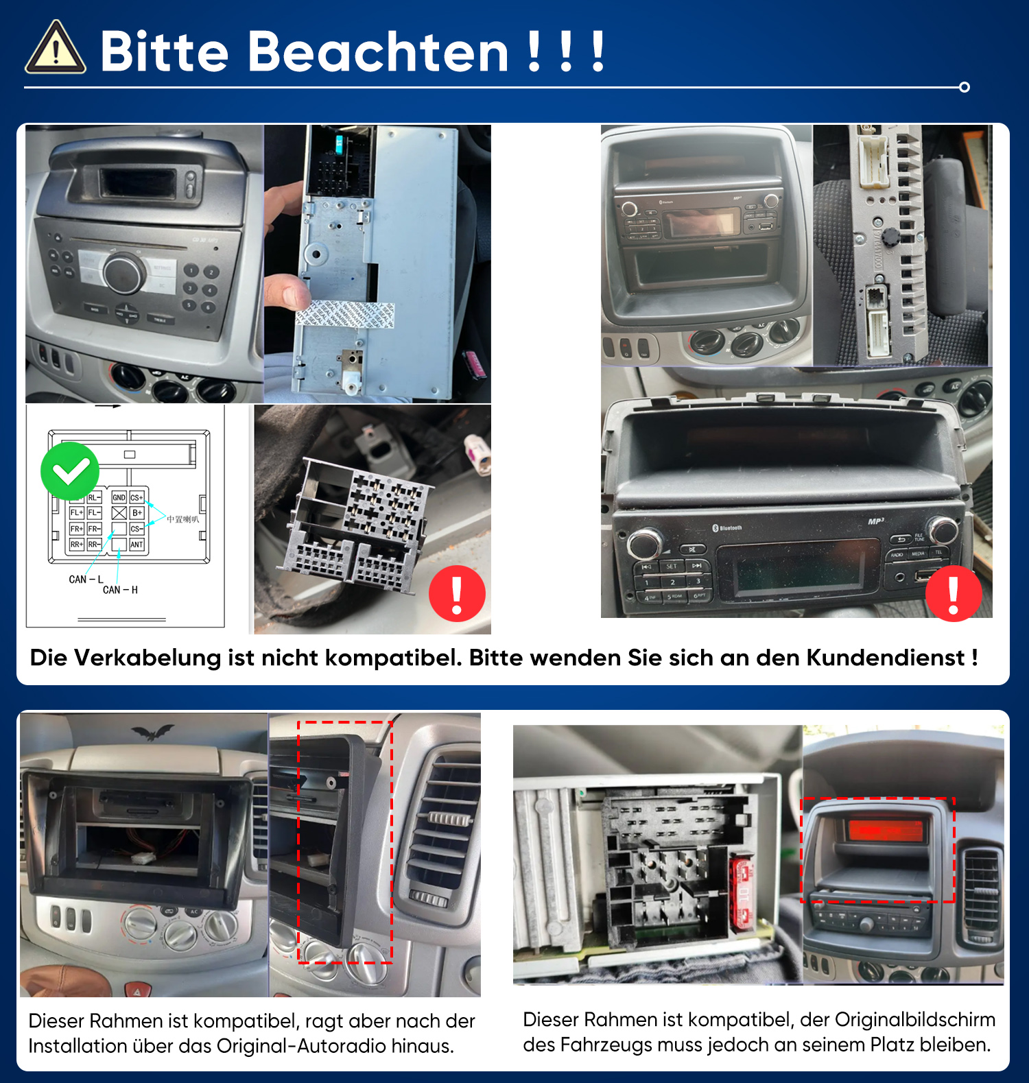 Autoradio-Installationshinweise mit kompatiblen und inkompatiblen Bauteilen und Verkabelungen.