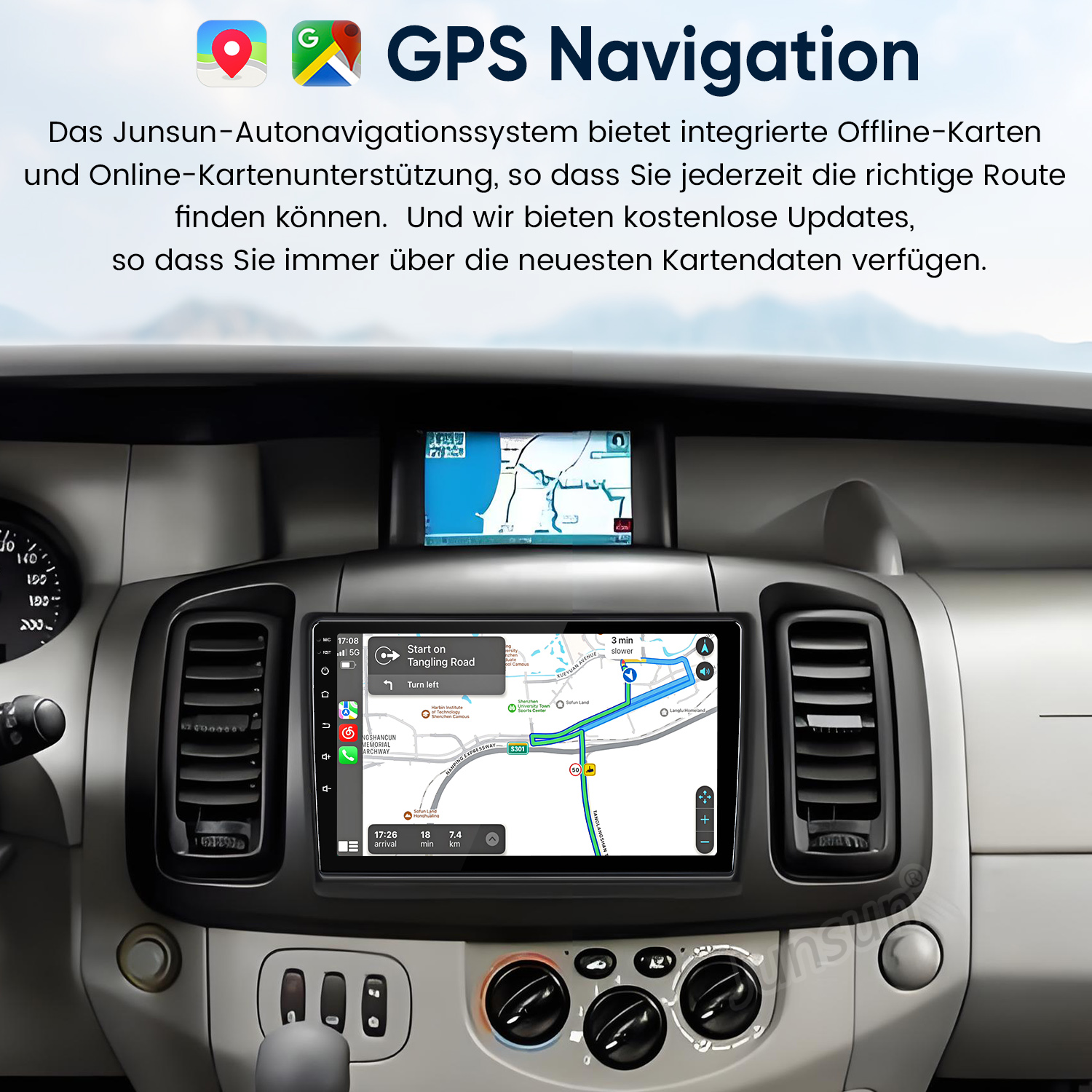 Autocockpit mit modernem GPS-Navigationsdisplay für Karten und Routenführung.