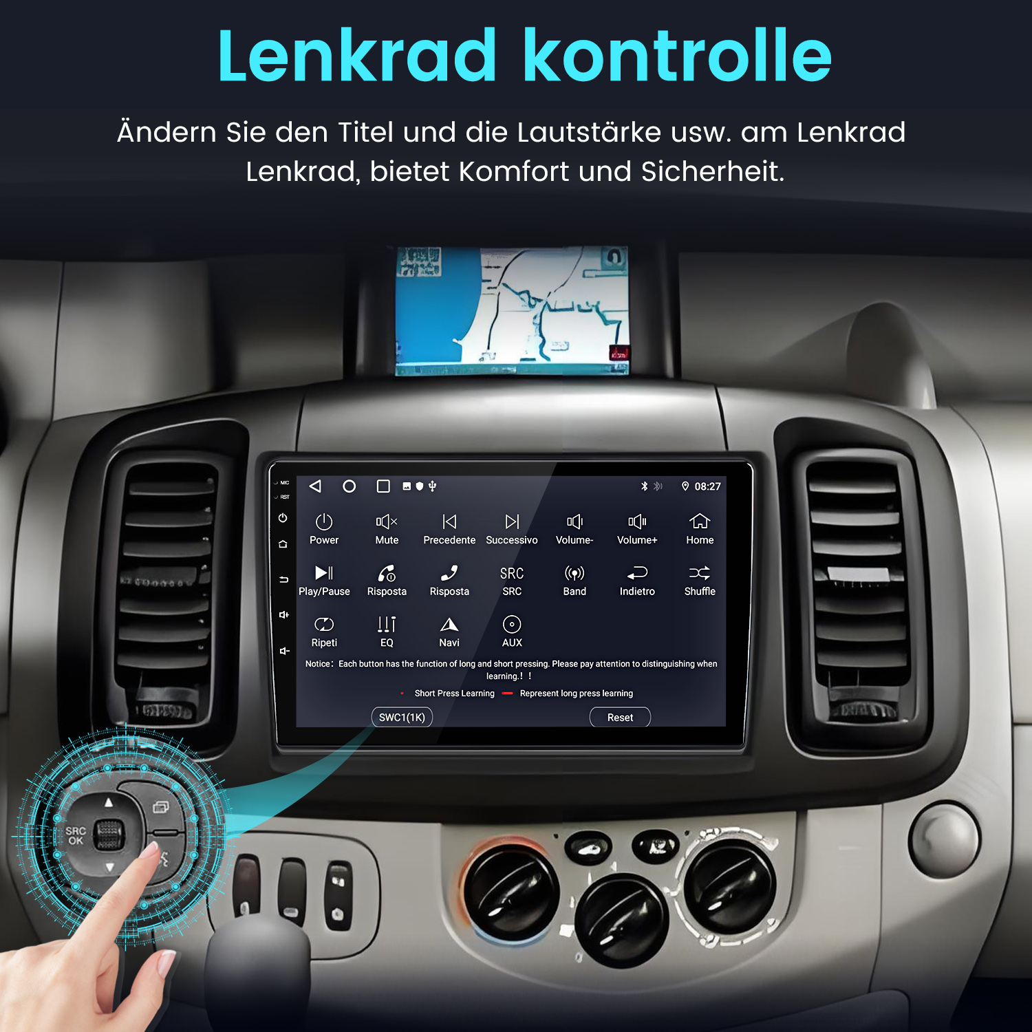 Autocockpit mit Touchscreen-Mediensystem, Lüftungsschlitzen und einer Hand am Lenkrad.