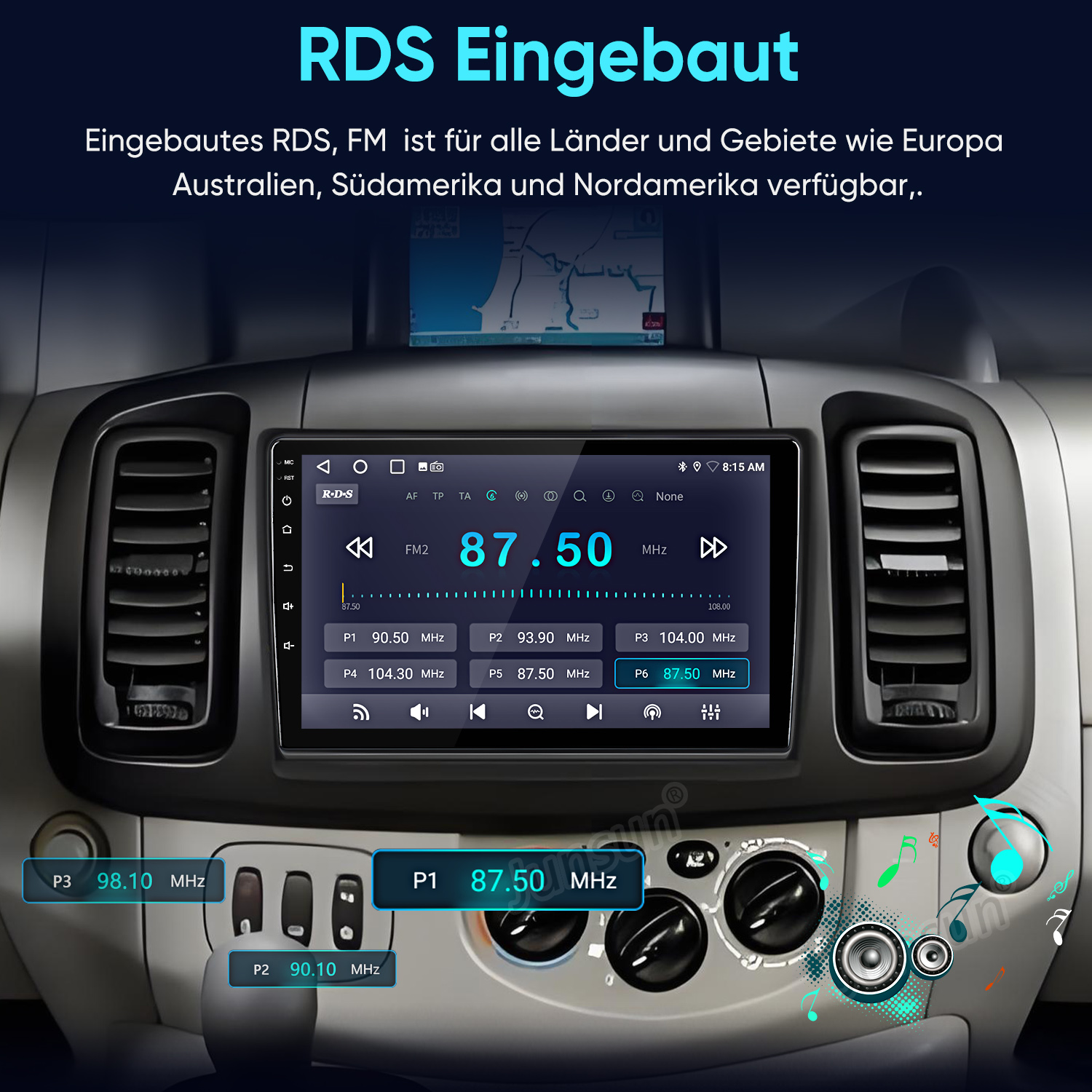 Autoradio mit Touchscreen zeigt Radiosender 87,50 MHz und Tasten in einem Fahrzeug-Armaturenbrett.