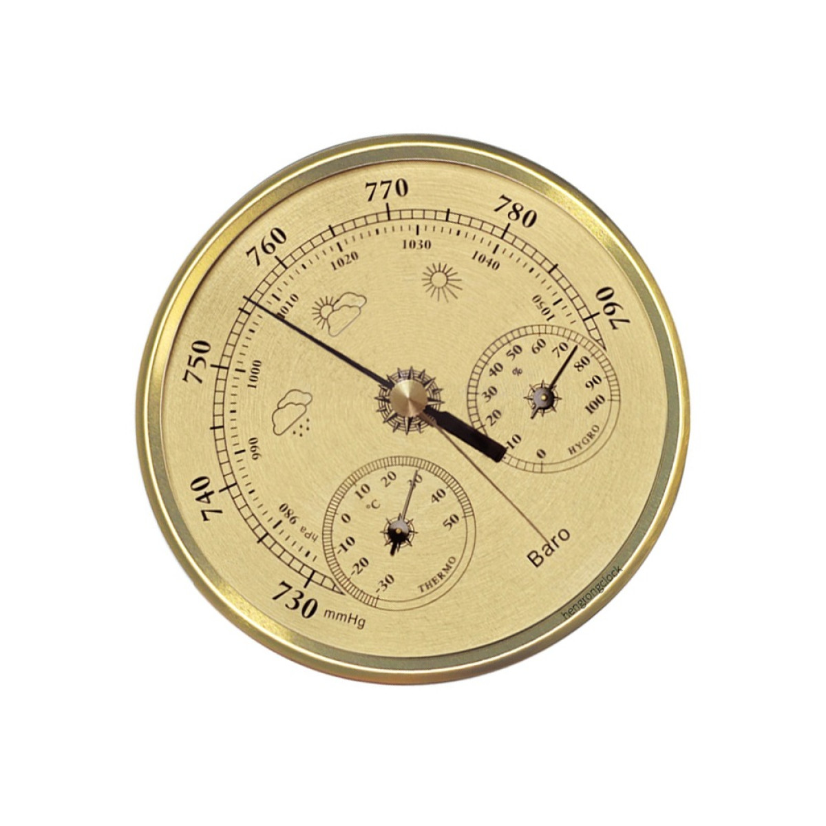 Goldenes Wetterinstrument mit Barometer, Thermometer und Hygrometer.