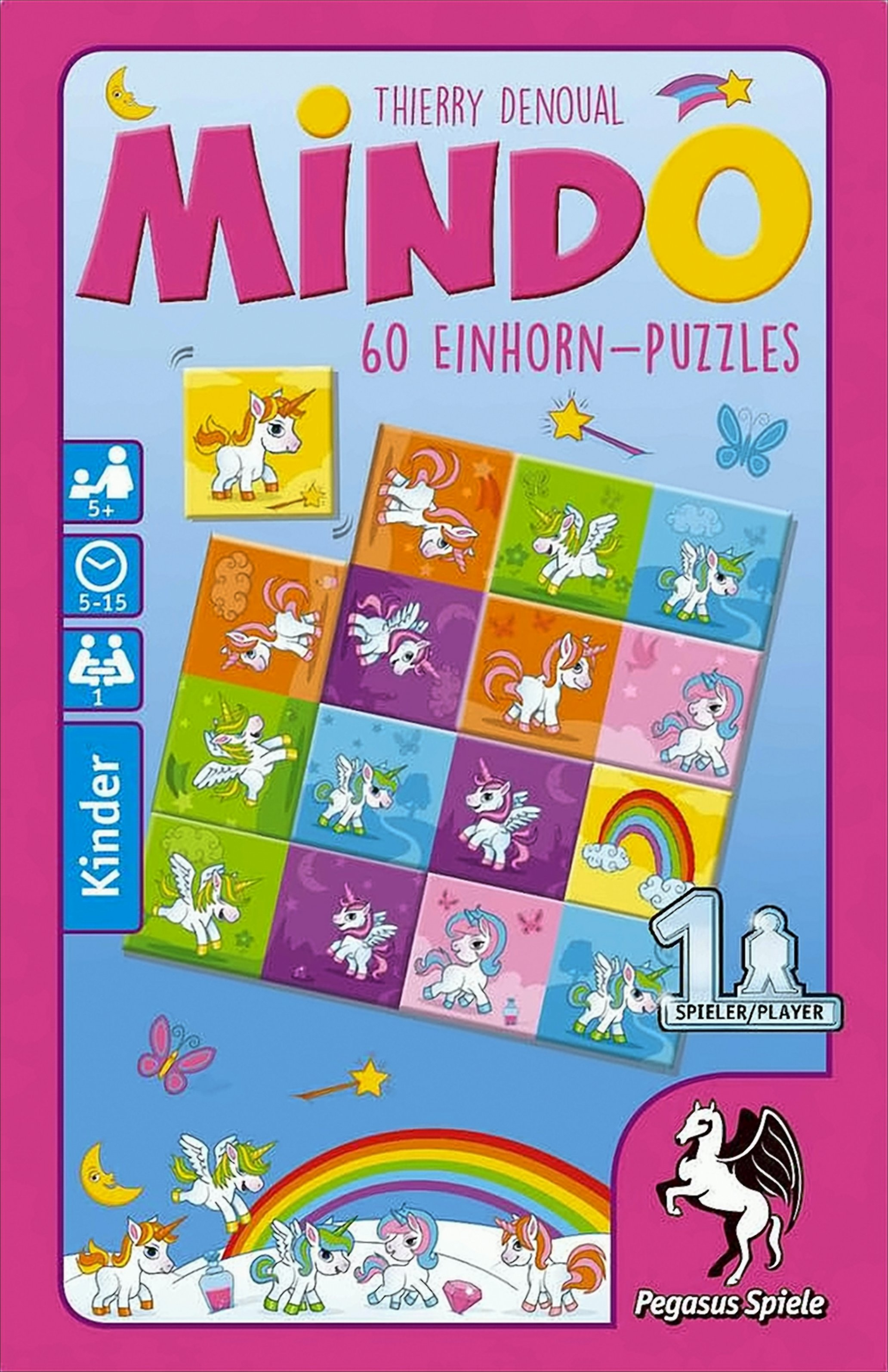 Mindo Einhorn Puzzlespiel Box mit bunten Kacheln, Einhorngrafiken und Regenbogen auf rosa Hintergrund.