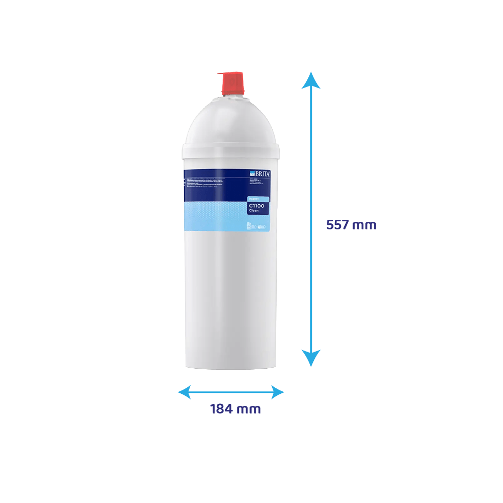 Weißer Wasserfilterzylinder mit blauem Etikett und roter Kappe, Höhe 557 mm, Breite 184 mm auf weißem Hintergrund.