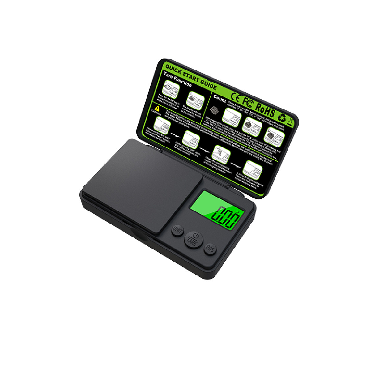 Eine schwarze digitale Taschenwaage mit grünem LCD-Bildschirm (0,00g) und offenem Deckel mit Kurzanleitung.