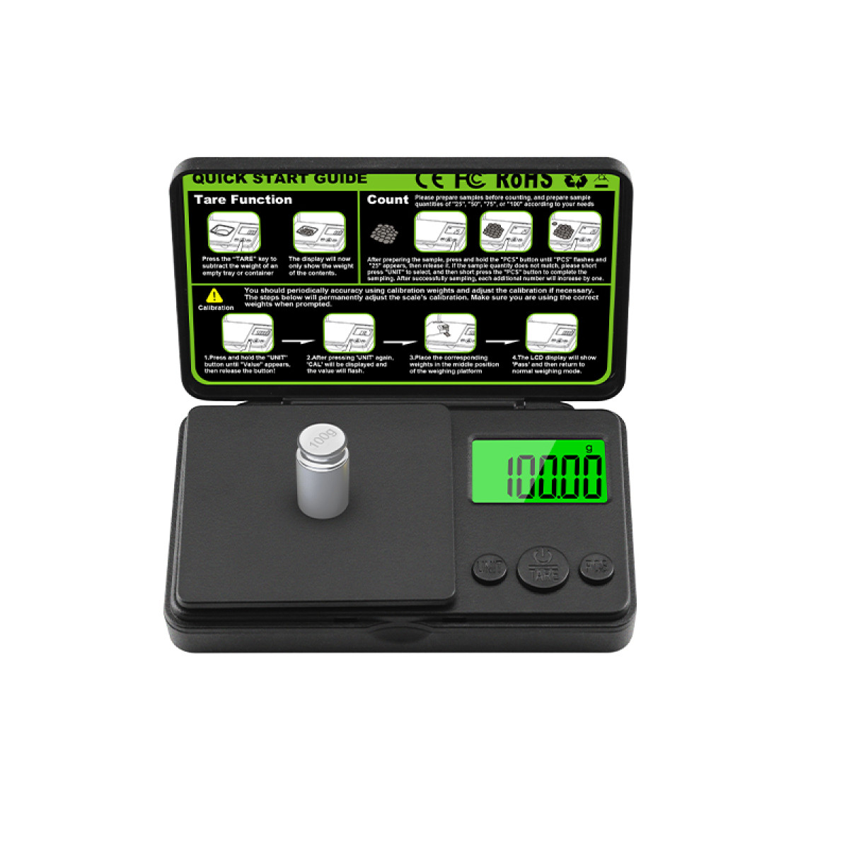Digitale Waage mit 100g Gewicht und grünem Display, geöffneter Deckel mit Anleitung.