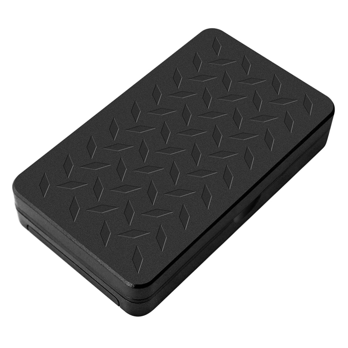 Eine schwarze, rechteckige Aufbewahrungsbox mit Rautenmuster auf dem Deckel vor weißem Hintergrund.
