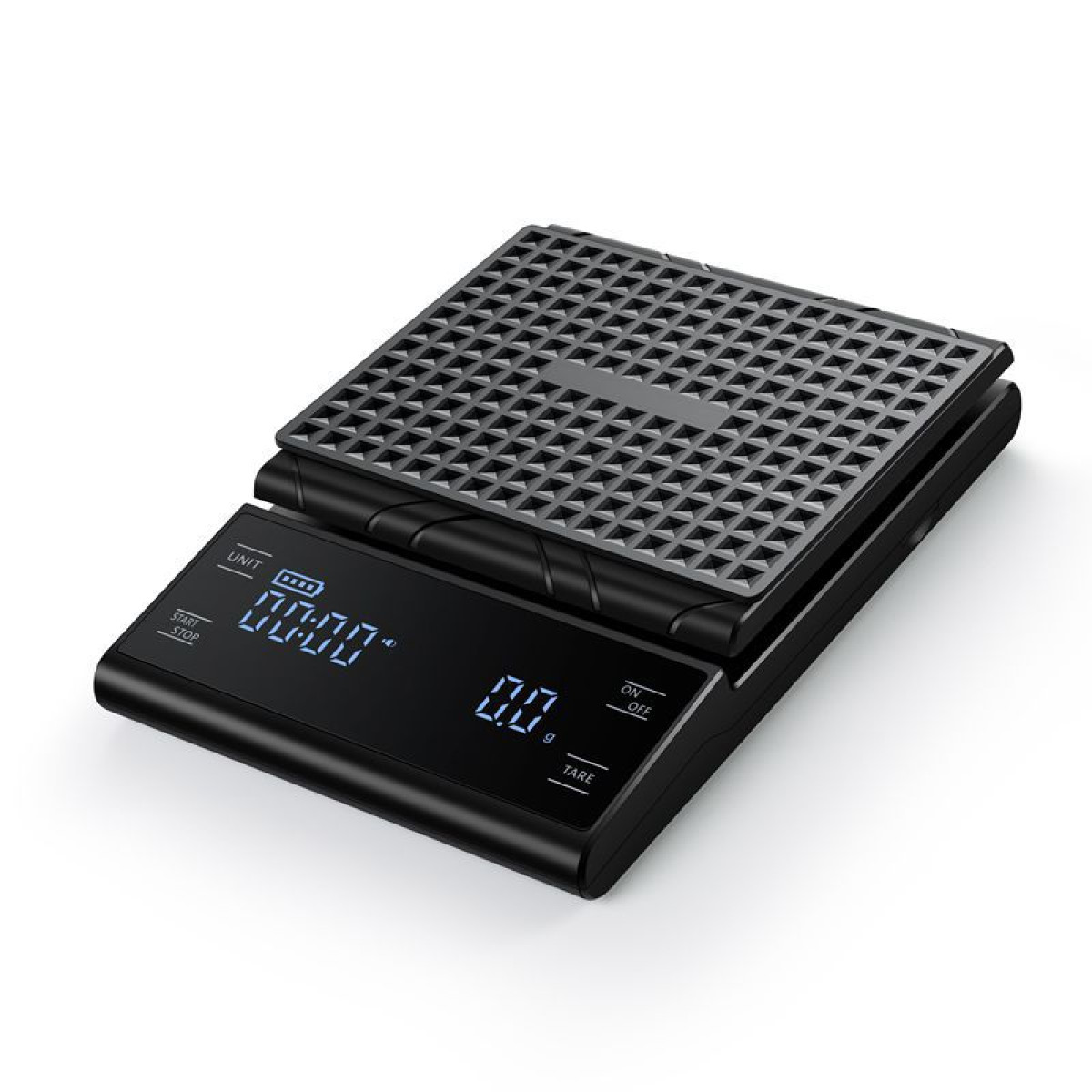 Schwarze digitale Kaffeewaage mit Silikonmatte und digitalem Display.
