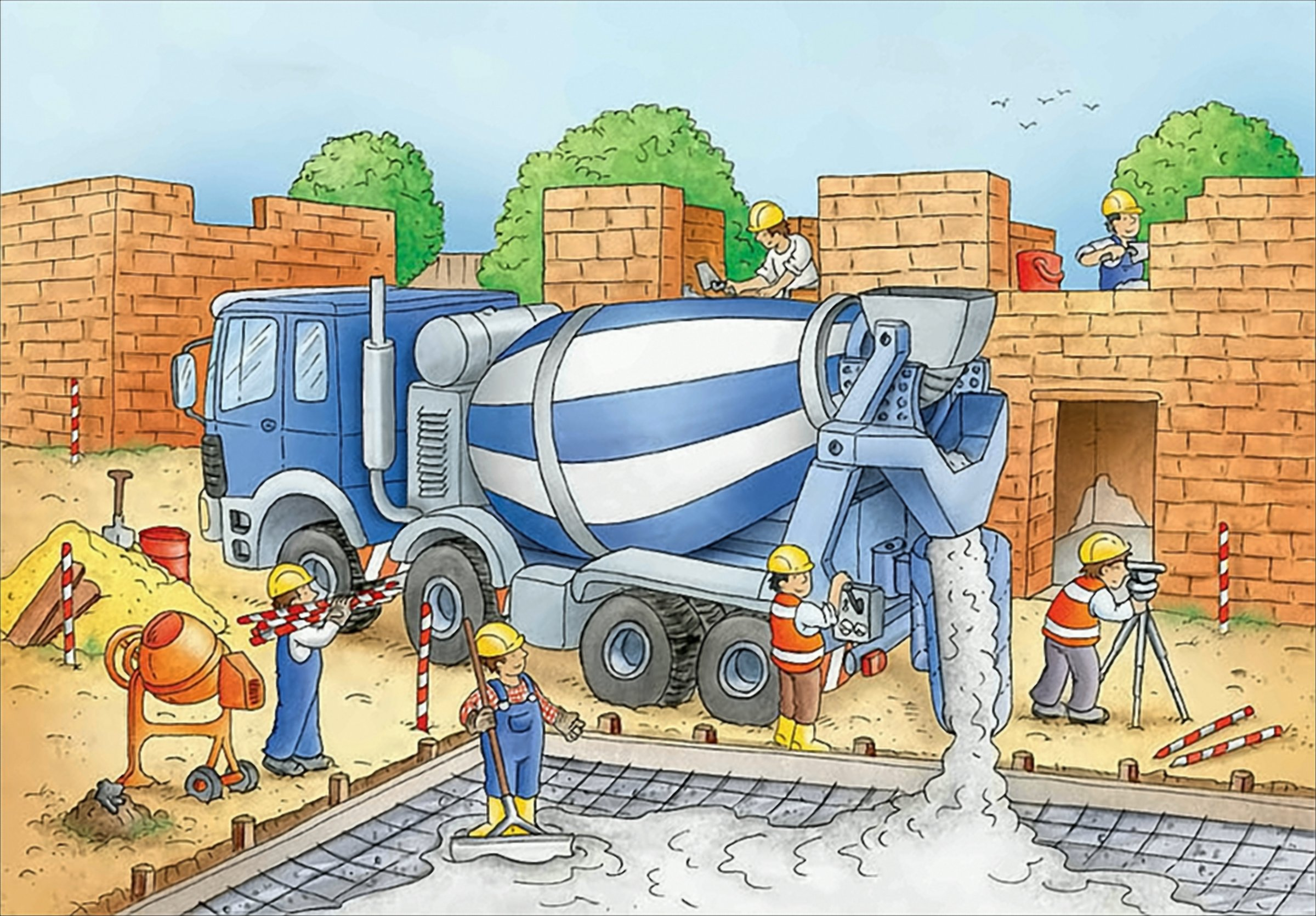 Bauarbeiter gießen Beton von einem blauen Lastwagen auf einer Baustelle mit Ziegelwänden.