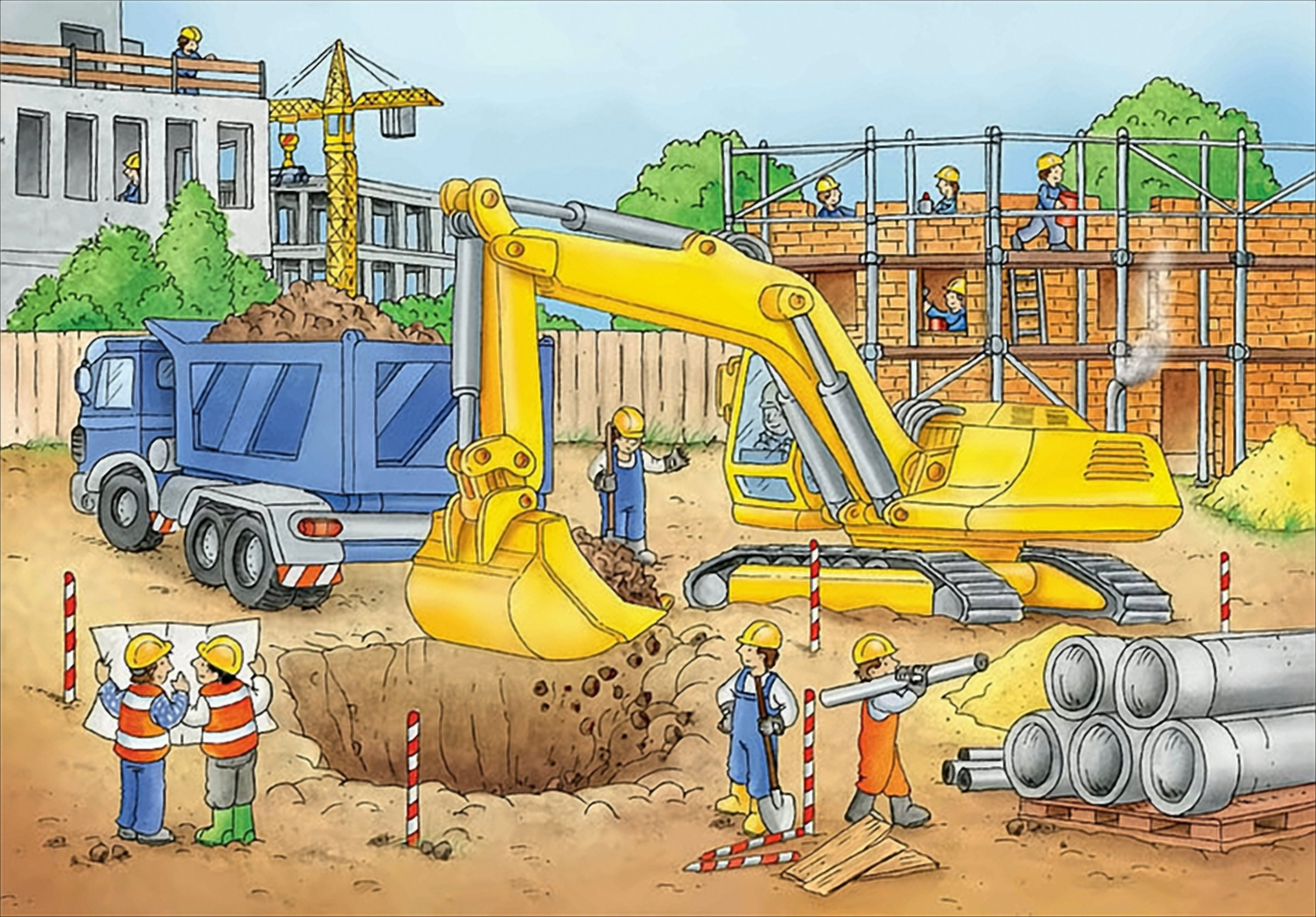 Eine Baustelle mit Baggern, Lastwagen, Rohren und arbeitenden Bauarbeitern.