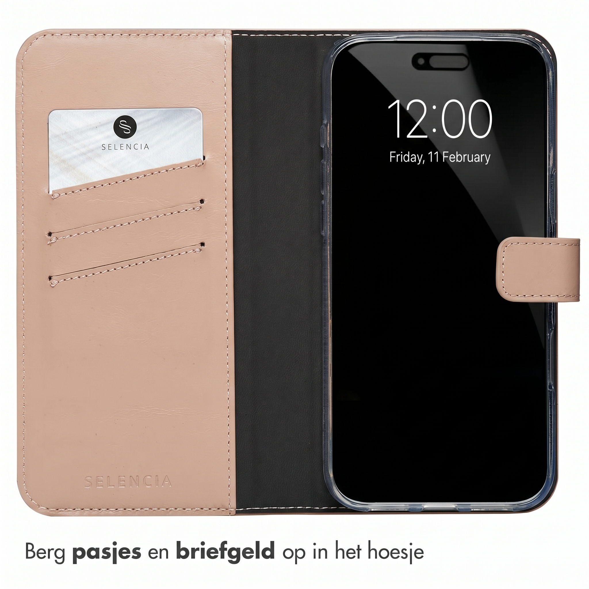 Rosa Kunstleder-Handyhülle mit Kartenfächern und Smartphone, das das Datum anzeigt.