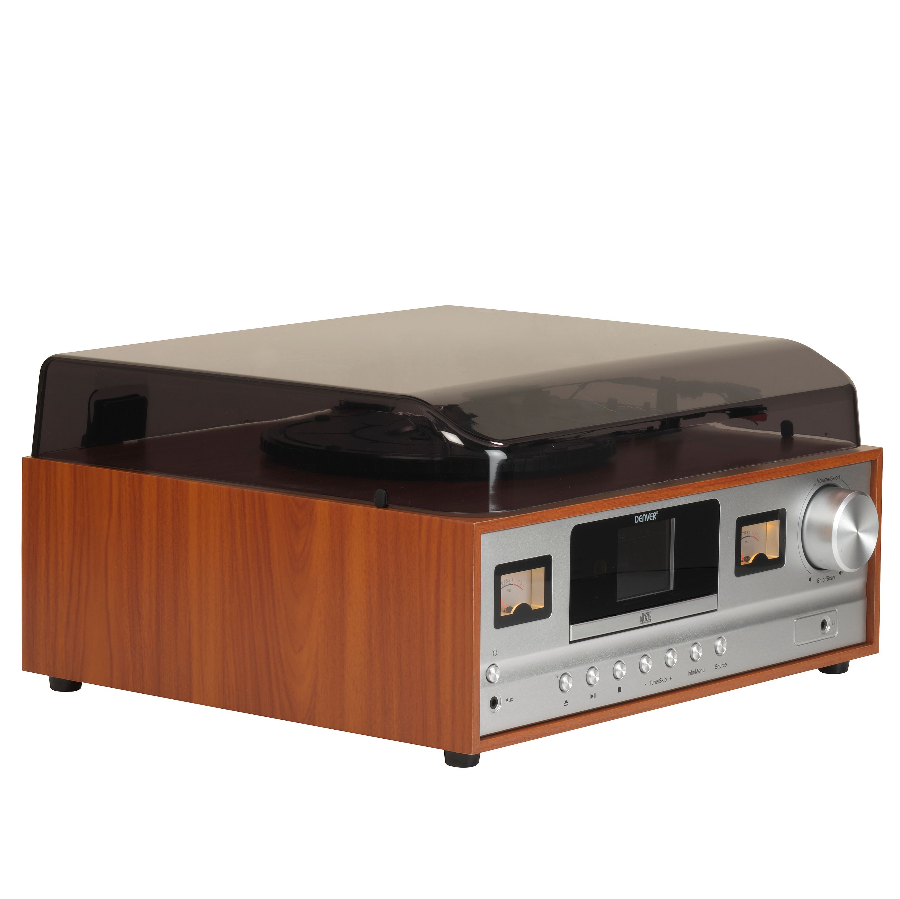 Un giradischi retro in legno con pannello frontale argento, quadranti analogici e coperchio.