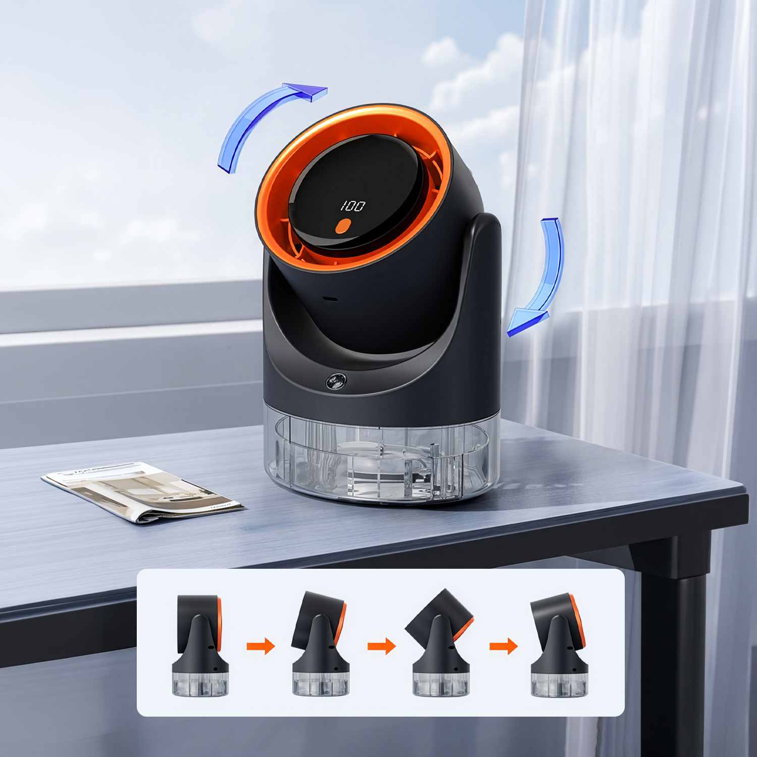 Un ventilador negro y naranja con pantalla digital sobre un escritorio junto a un folleto.
