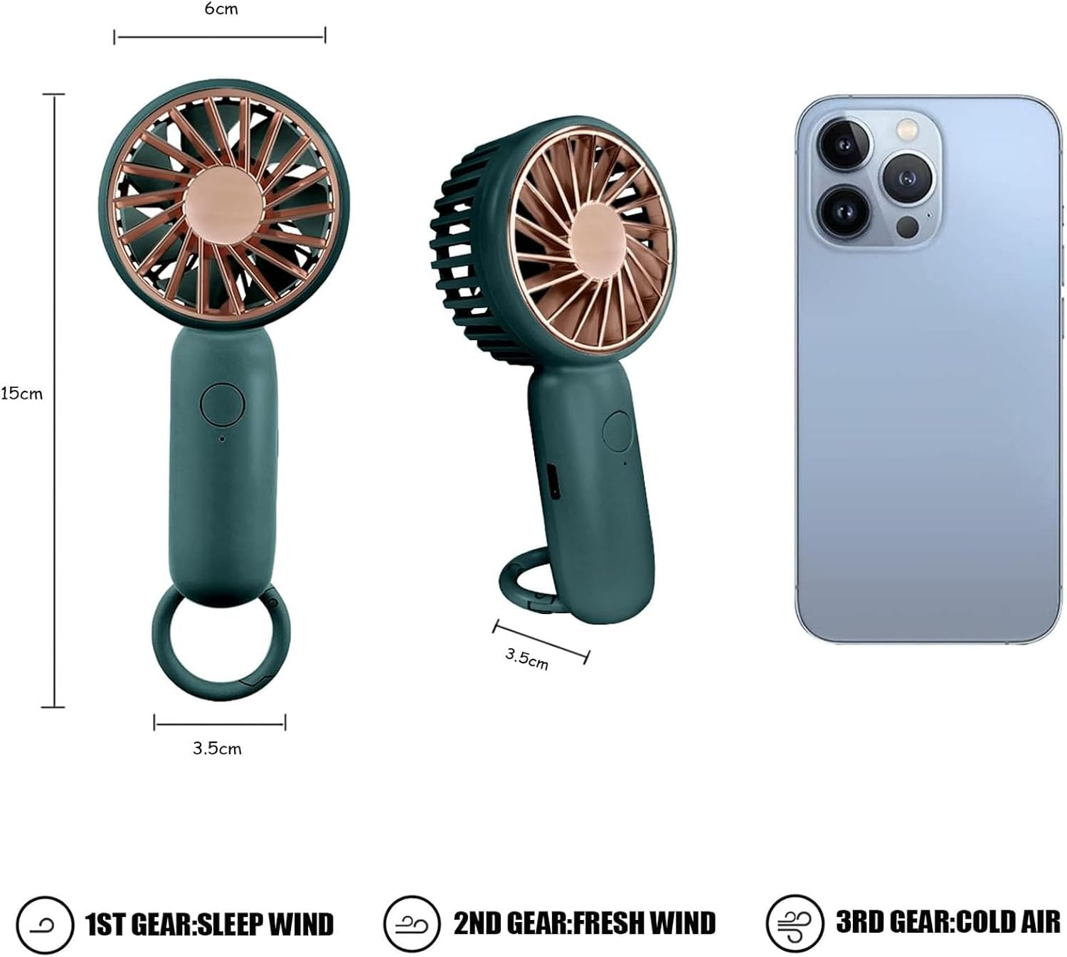 Grüner Miniventilator mit Maßen und drei Geschwindigkeiten neben einem Smartphone.