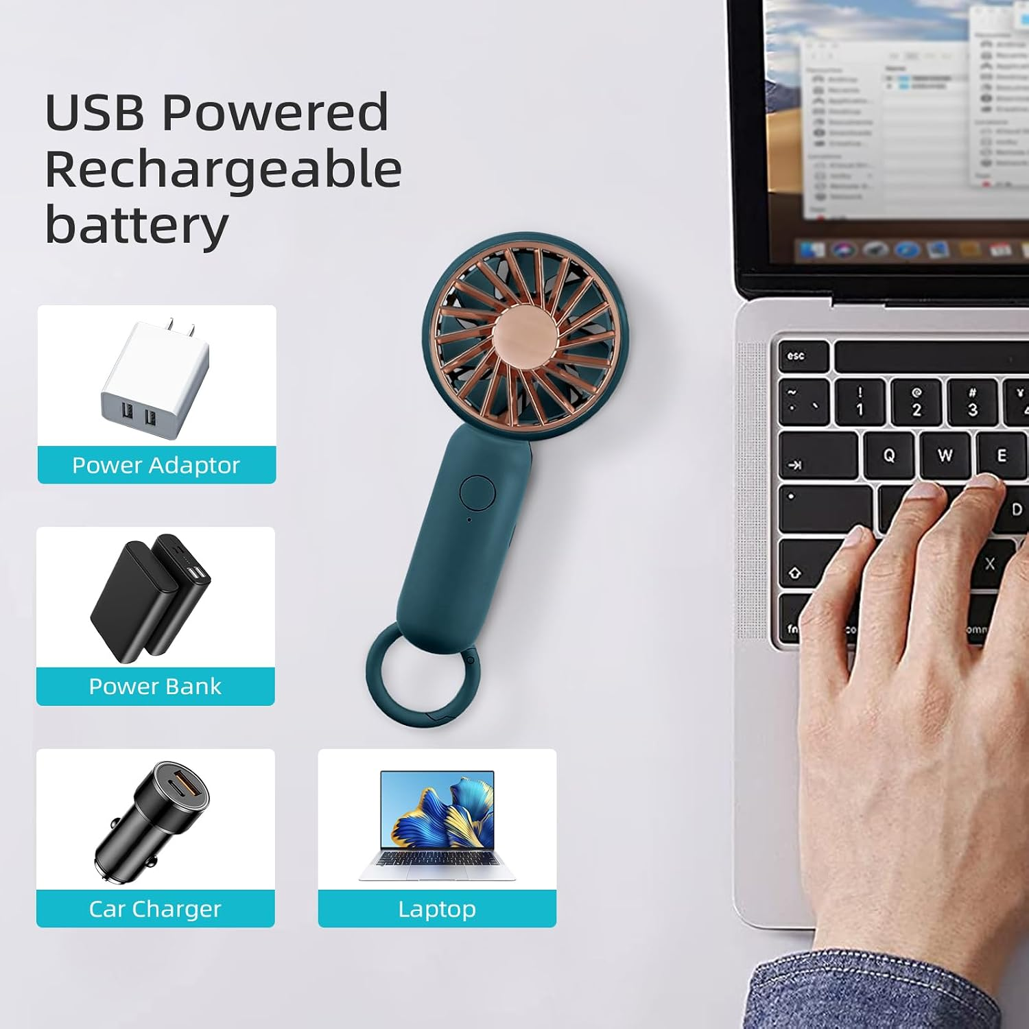 Ein tragbarer blau-goldener USB-Ventilator, gezeigt mit verschiedenen Ladeoptionen wie Laptop und Powerbank.