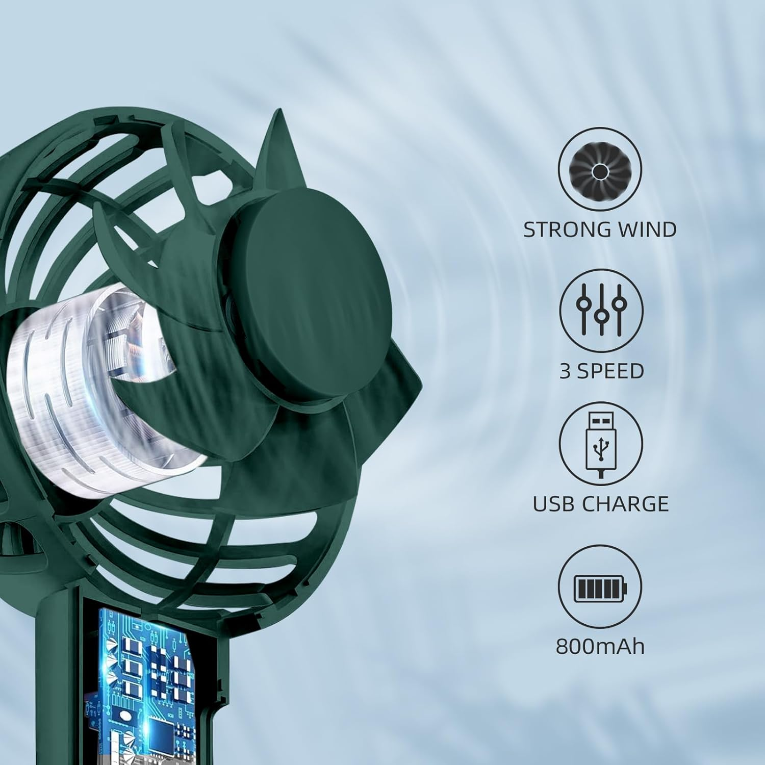 Ein grüner Handventilator mit sichtbaren Innenteilen und Funktionssymbolen rechts.