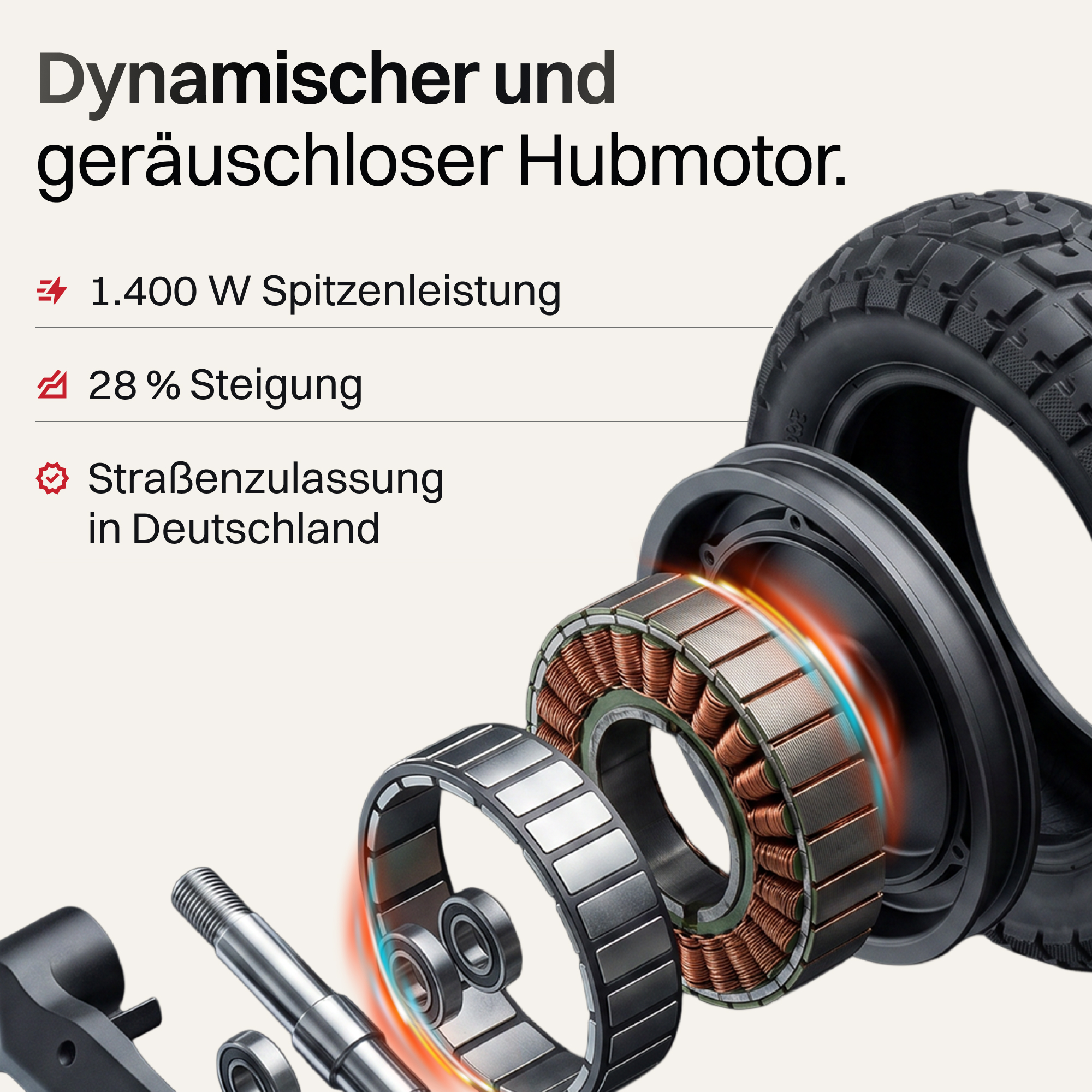 Explosionsdarstellung eines Elektromotor-Reifens mit technischen Leistungsdaten in deutscher Sprache.