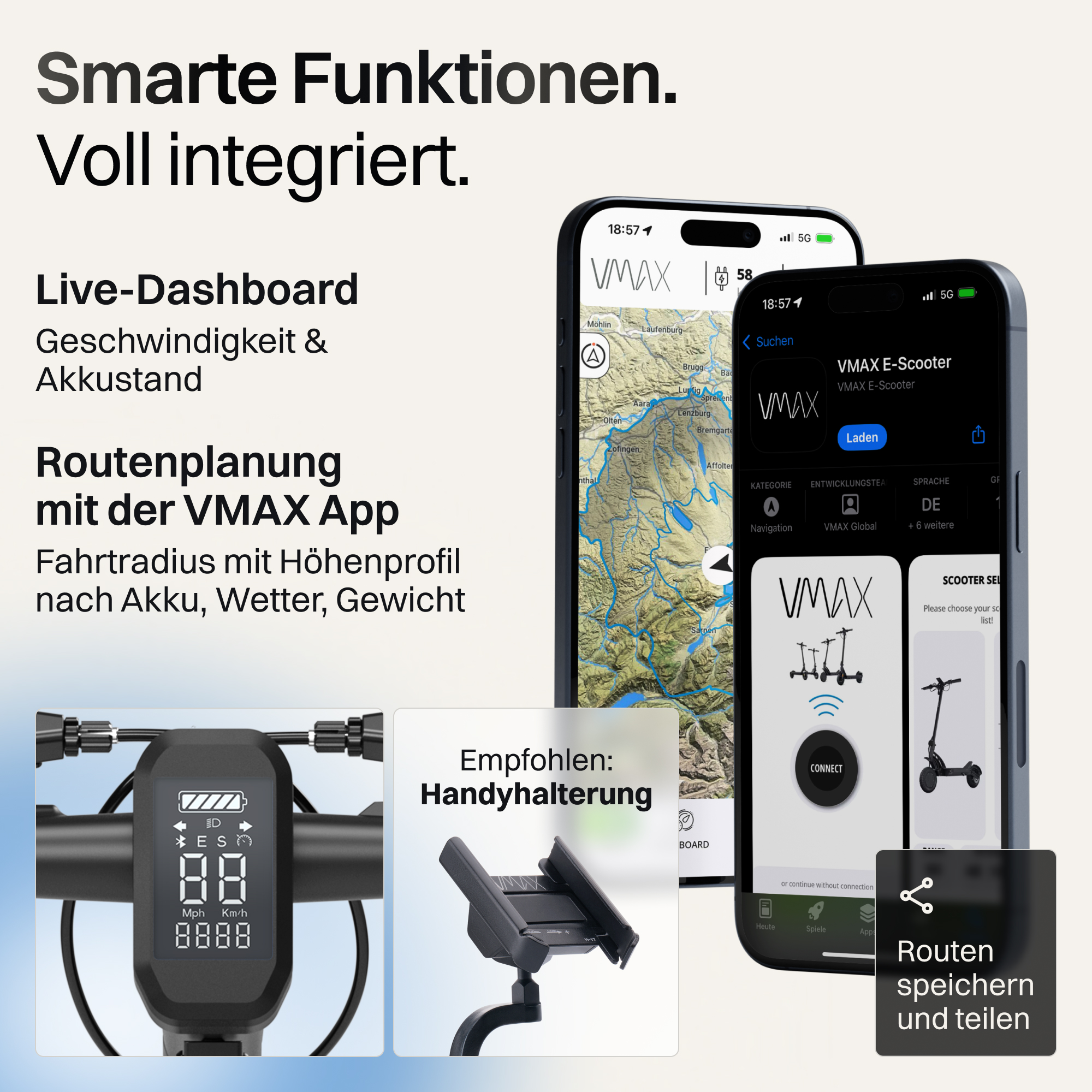 Smartphone mit VMAX-App, Dashboard, Routenplanung, Halterung und Text auf Deutsch.