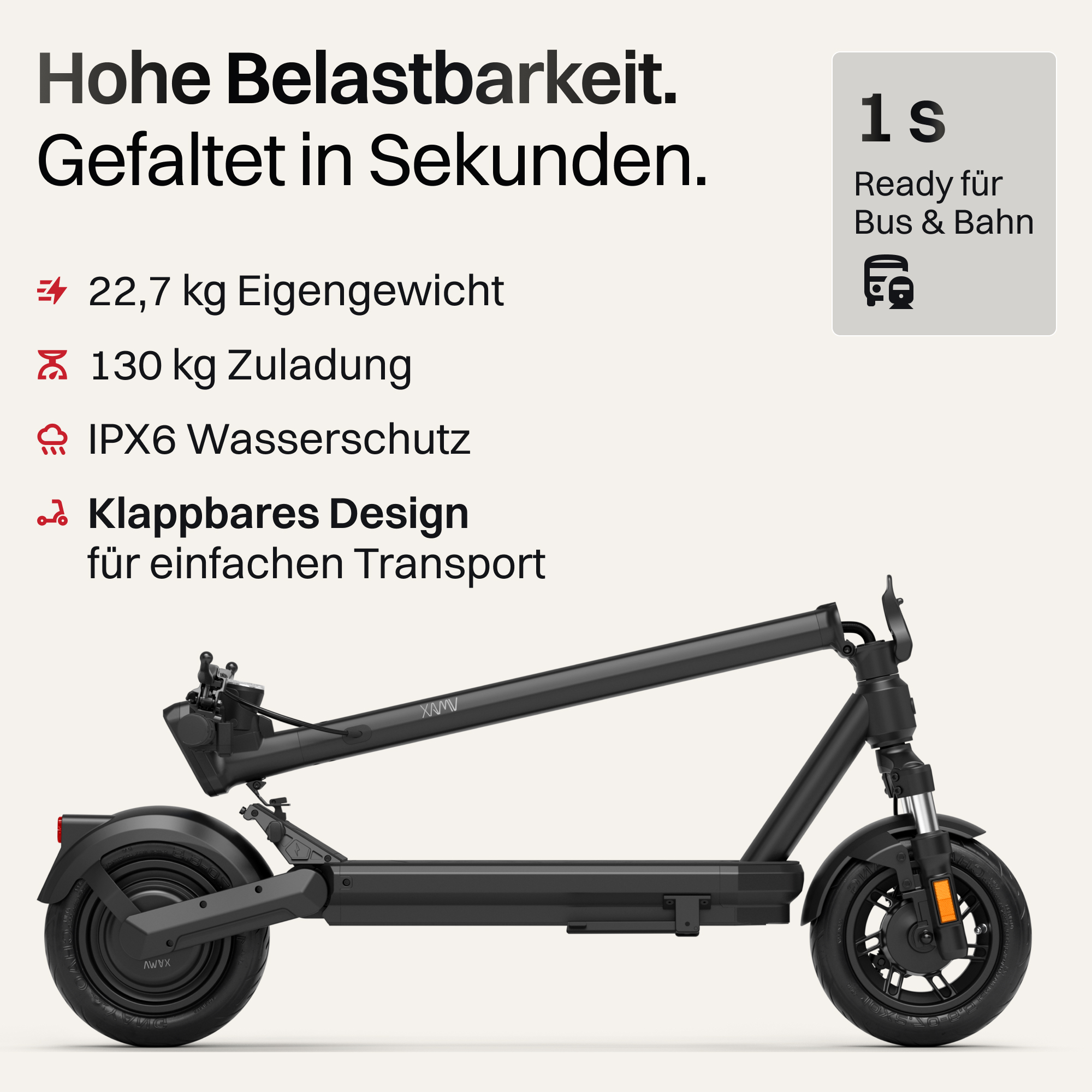 Ein schwarzer E-Scooter mit Angaben zu Gewicht, Belastbarkeit und IPX6-Wasserschutz auf hellem Hintergrund.