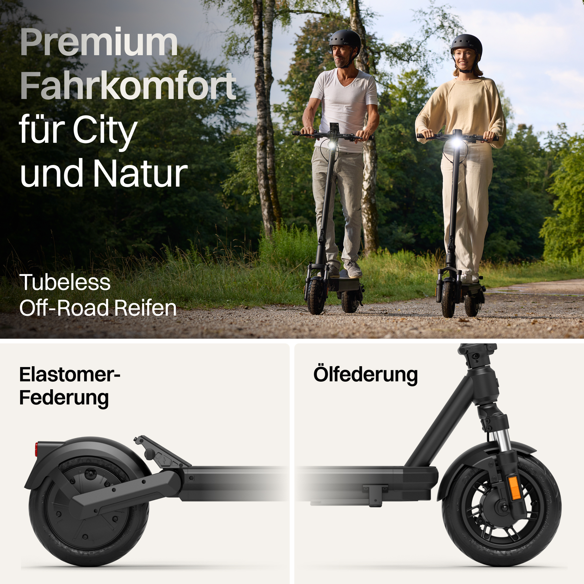 Ein Mann und eine Frau fahren auf E-Scootern auf einem Waldweg. Detailbilder zeigen Federung und Reifen.