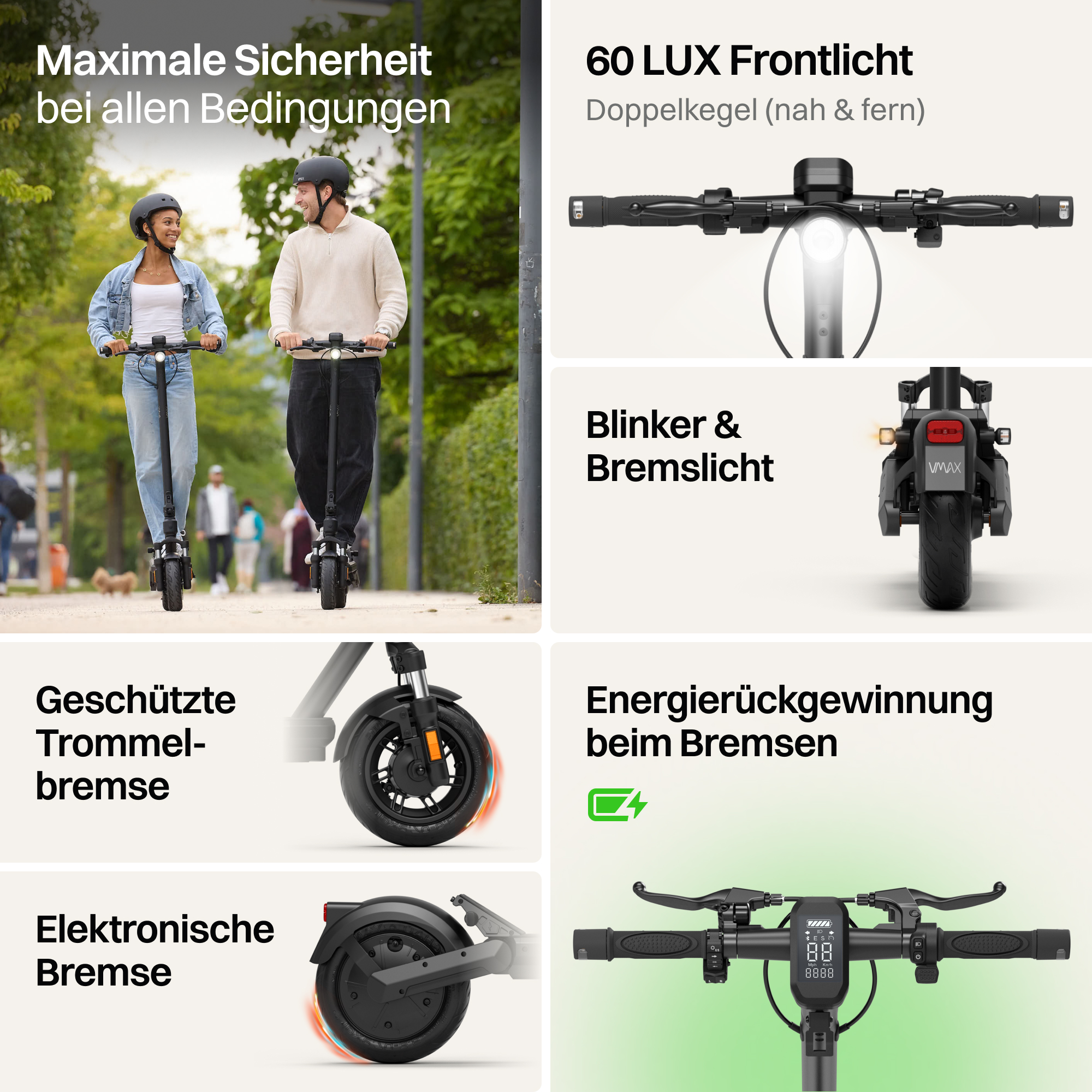 E-Scooter-Sicherheitsmerkmale: Frontlicht, Blinker, Trommelbremse, Energierückgewinnung und Display.