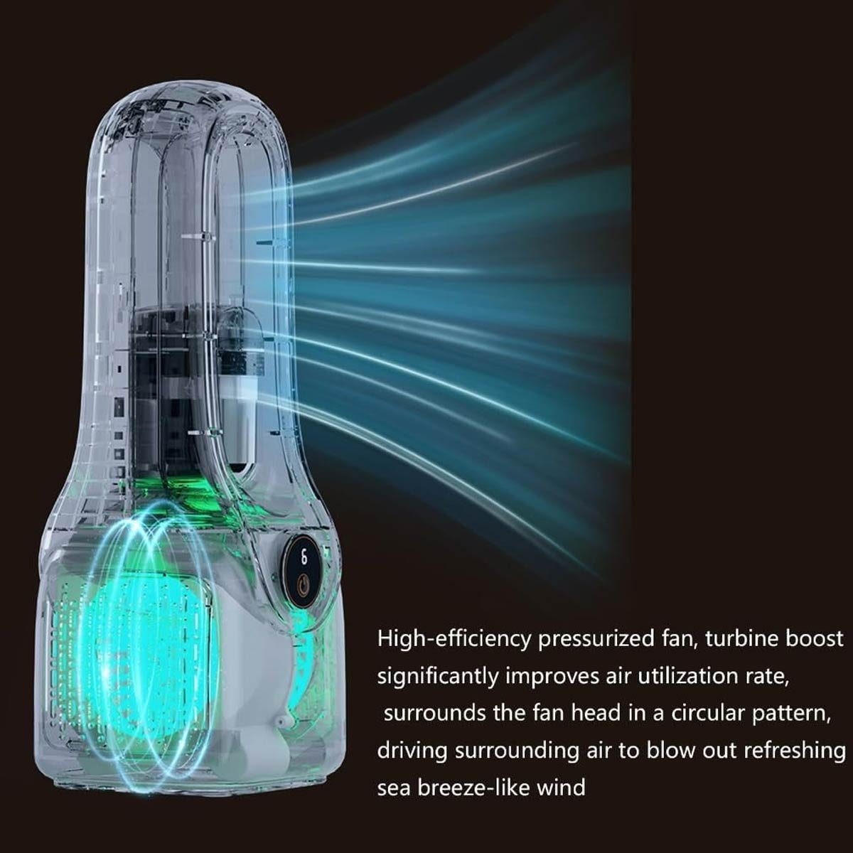 Transparenter Ventilator mit grüner Beleuchtung und blauen Windstromlinien, der frische Luft bläst.