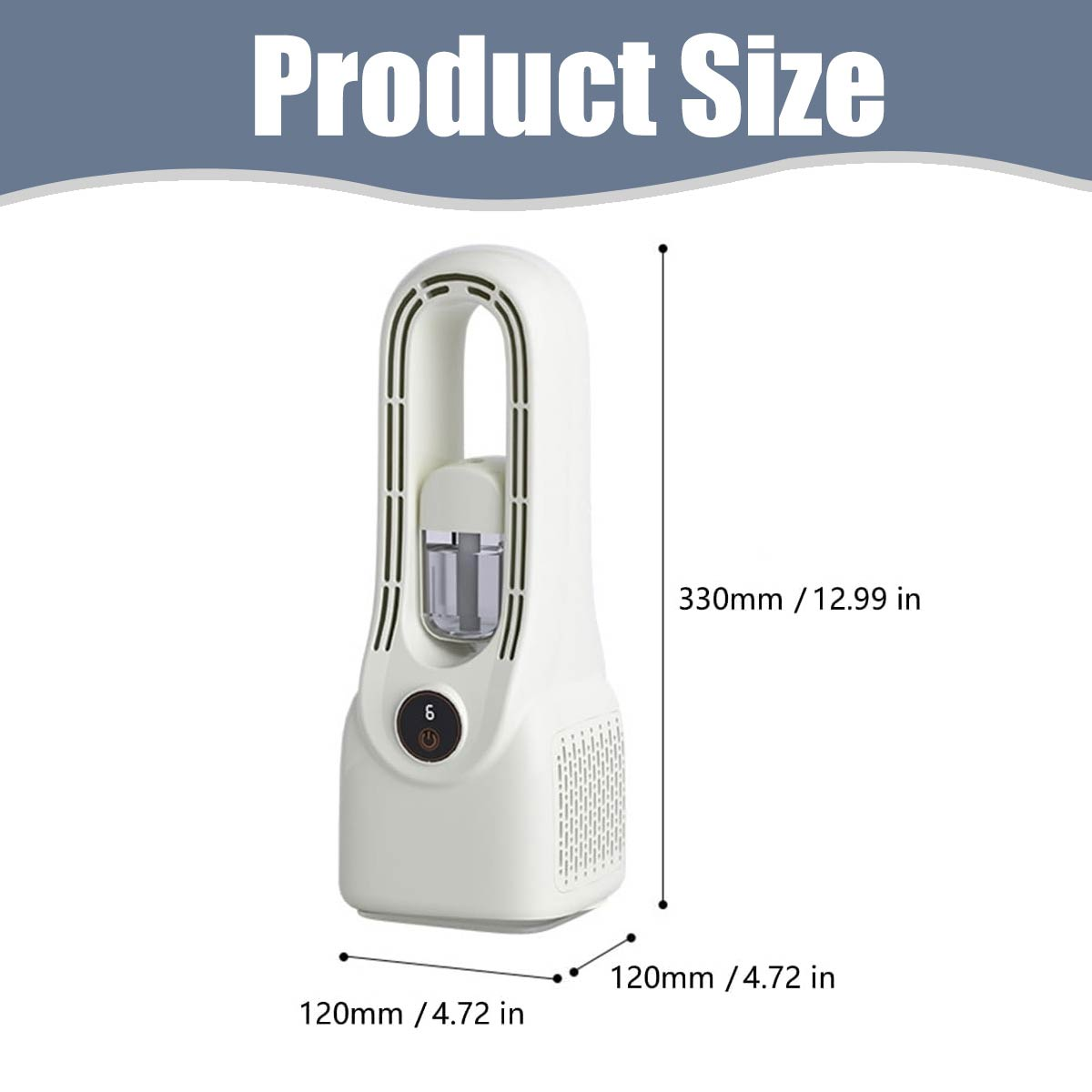 Diagramm zeigt die Produktgröße eines weißen, kompakten Turmventilators: 330 mm Höhe, 120 mm Breite und Tiefe.