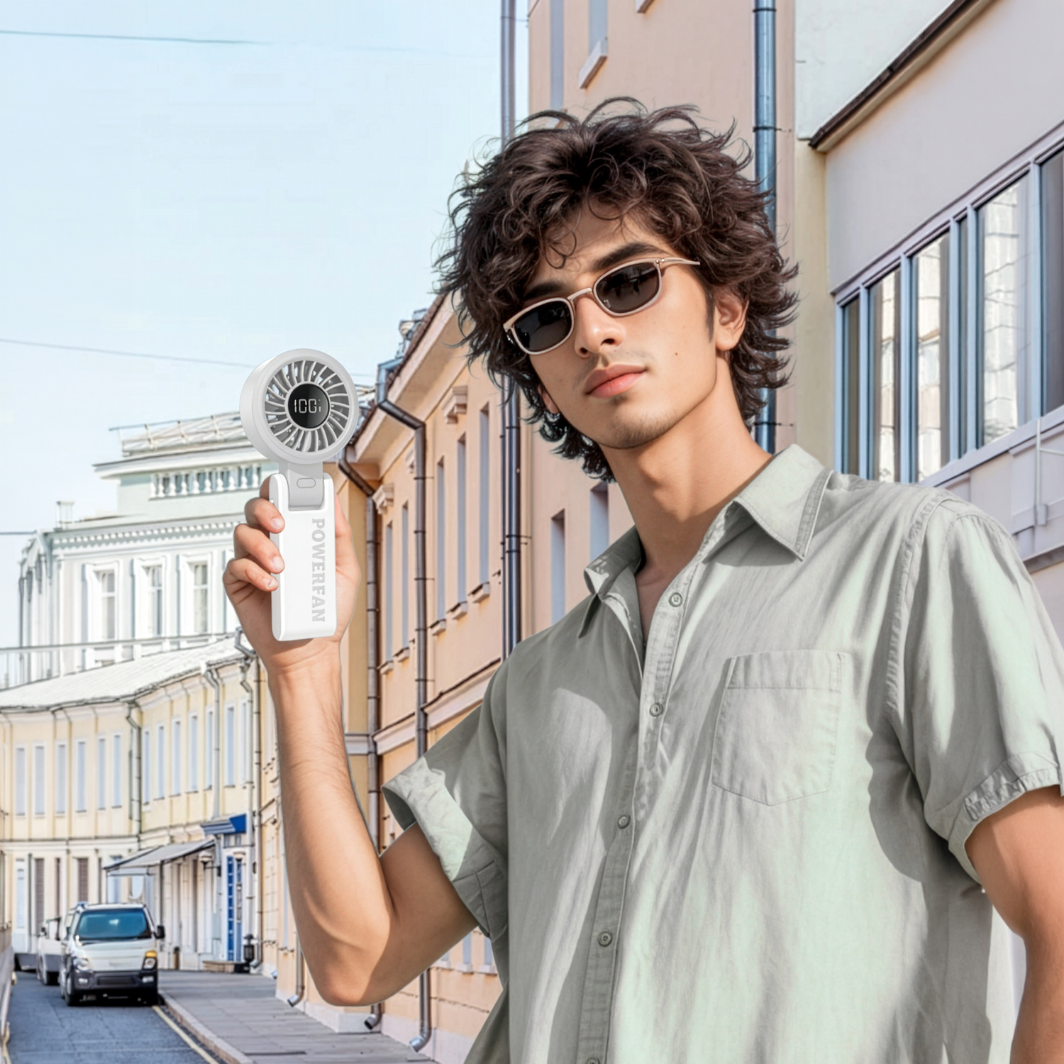 Un hombre con gafas de sol y camisa clara sostiene un ventilador portátil blanco en la calle.