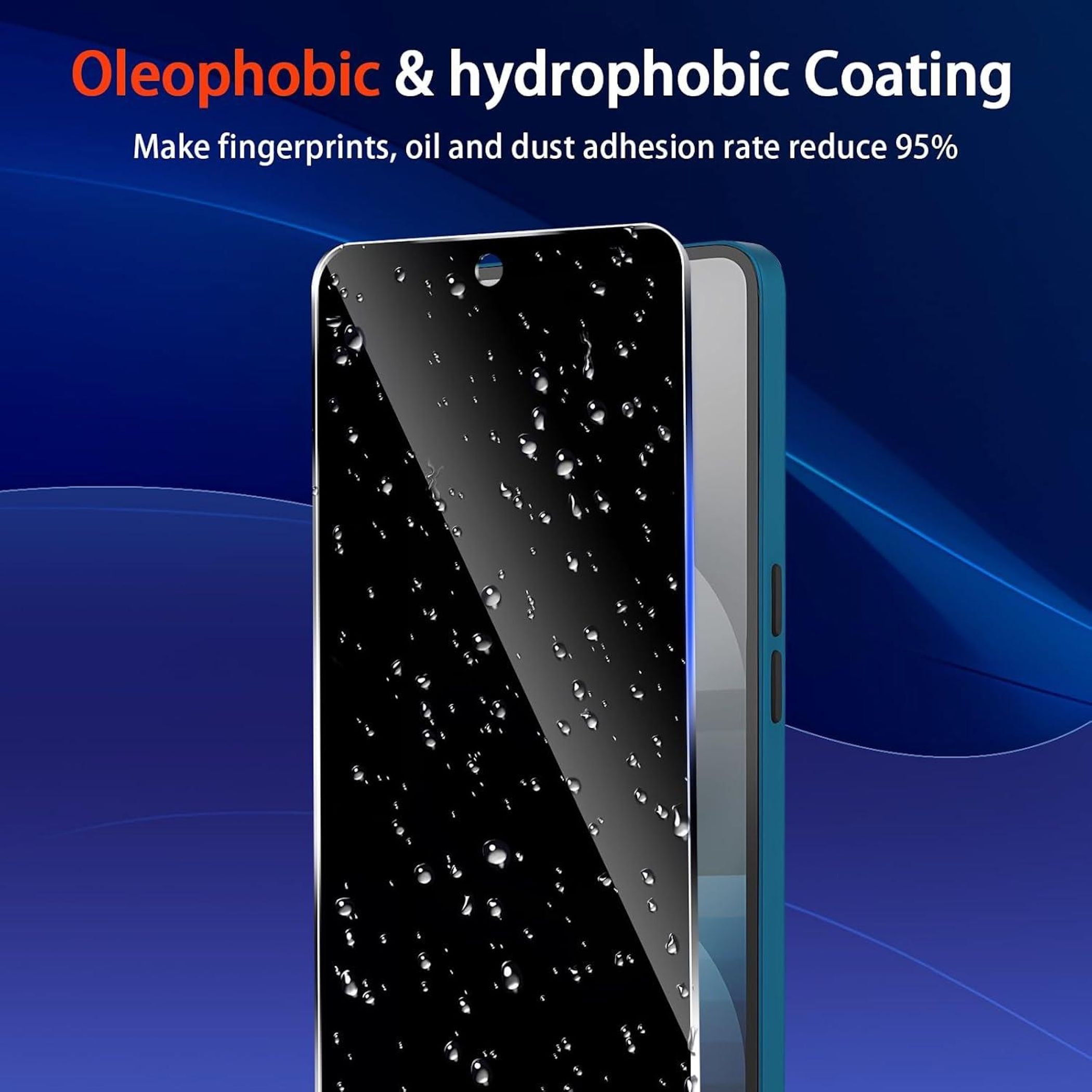 Smartphone con gocce d'acqua sulla pellicola protettiva oleofobica e idrofobica su sfondo blu.