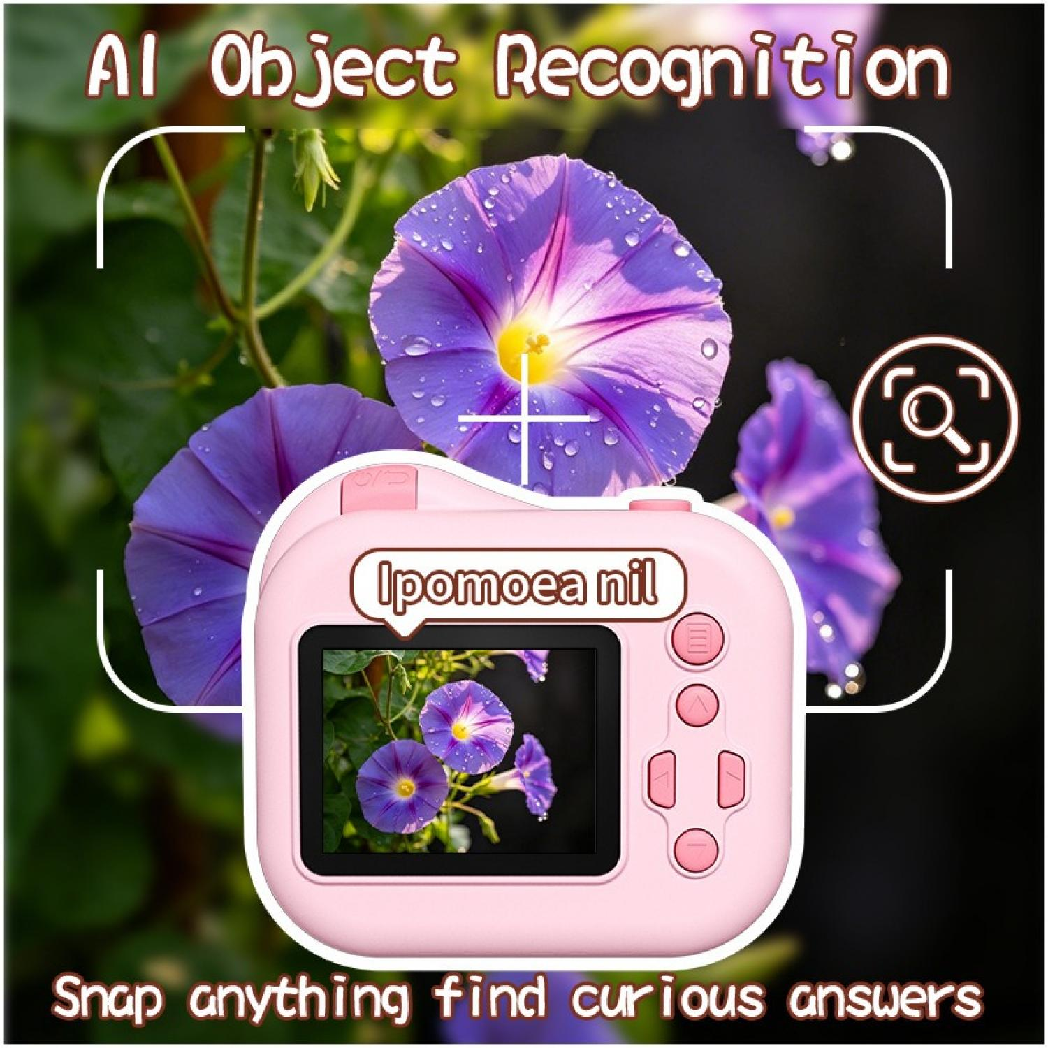 Eine rosa Kinderkamera zeigt auf dem Display eine blau-violette Ipomoea nil Blüte.