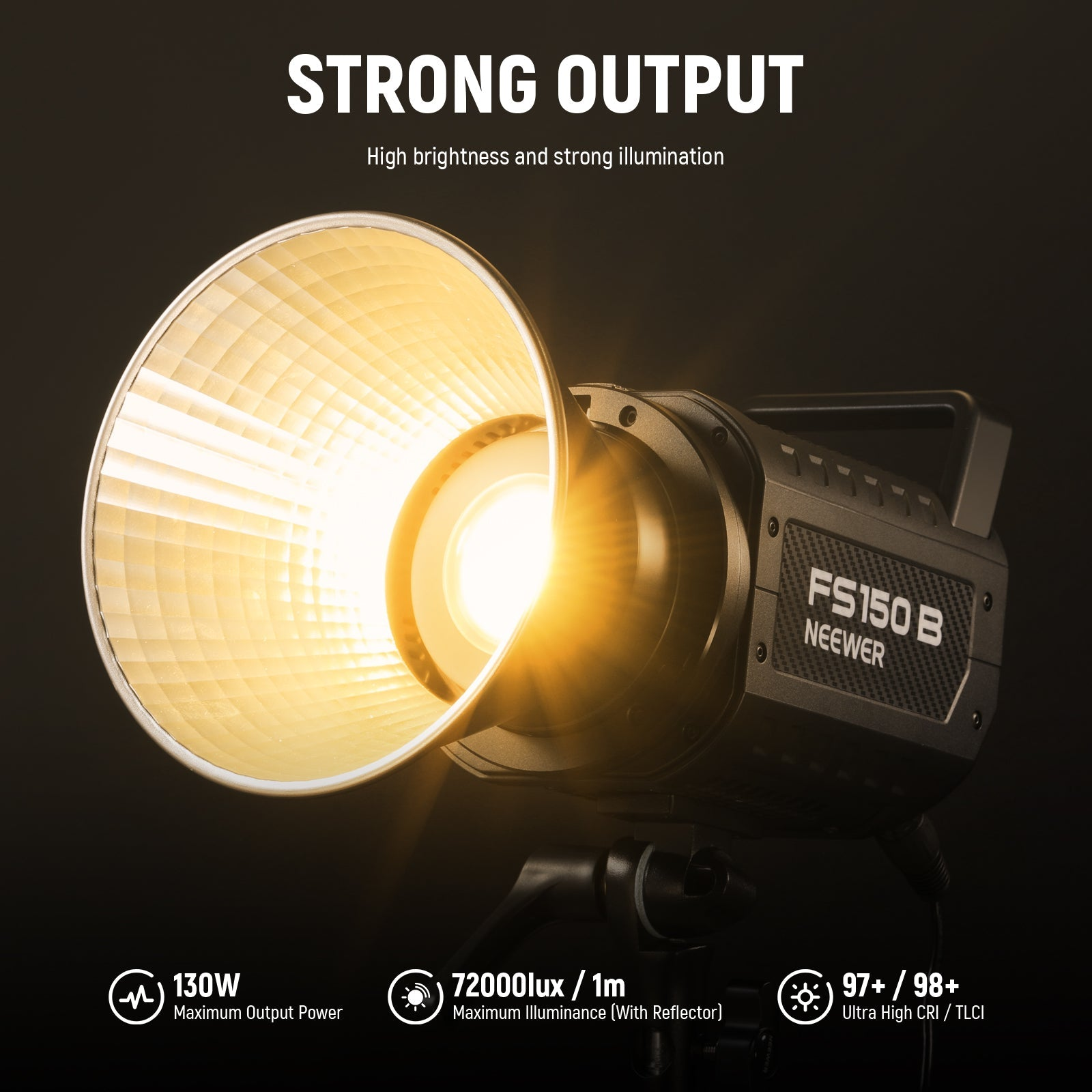 Neewer FS150B Studioleuchte mit starkem, hellem gelben Licht in einem Reflektor.