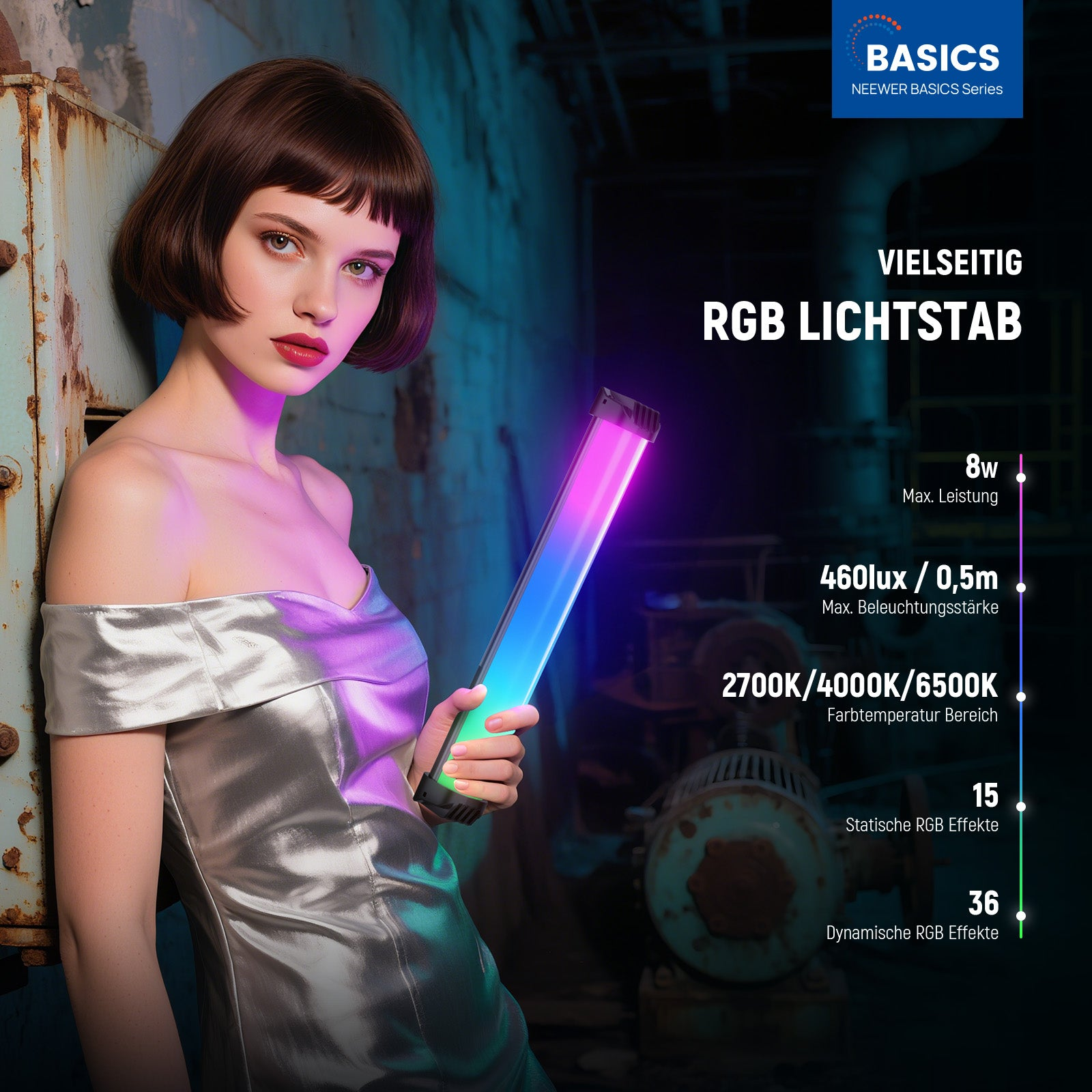 Eine Frau in einem silbernen Kleid hält einen leuchtenden RGB-Lichtstab in einer industriellen Umgebung.