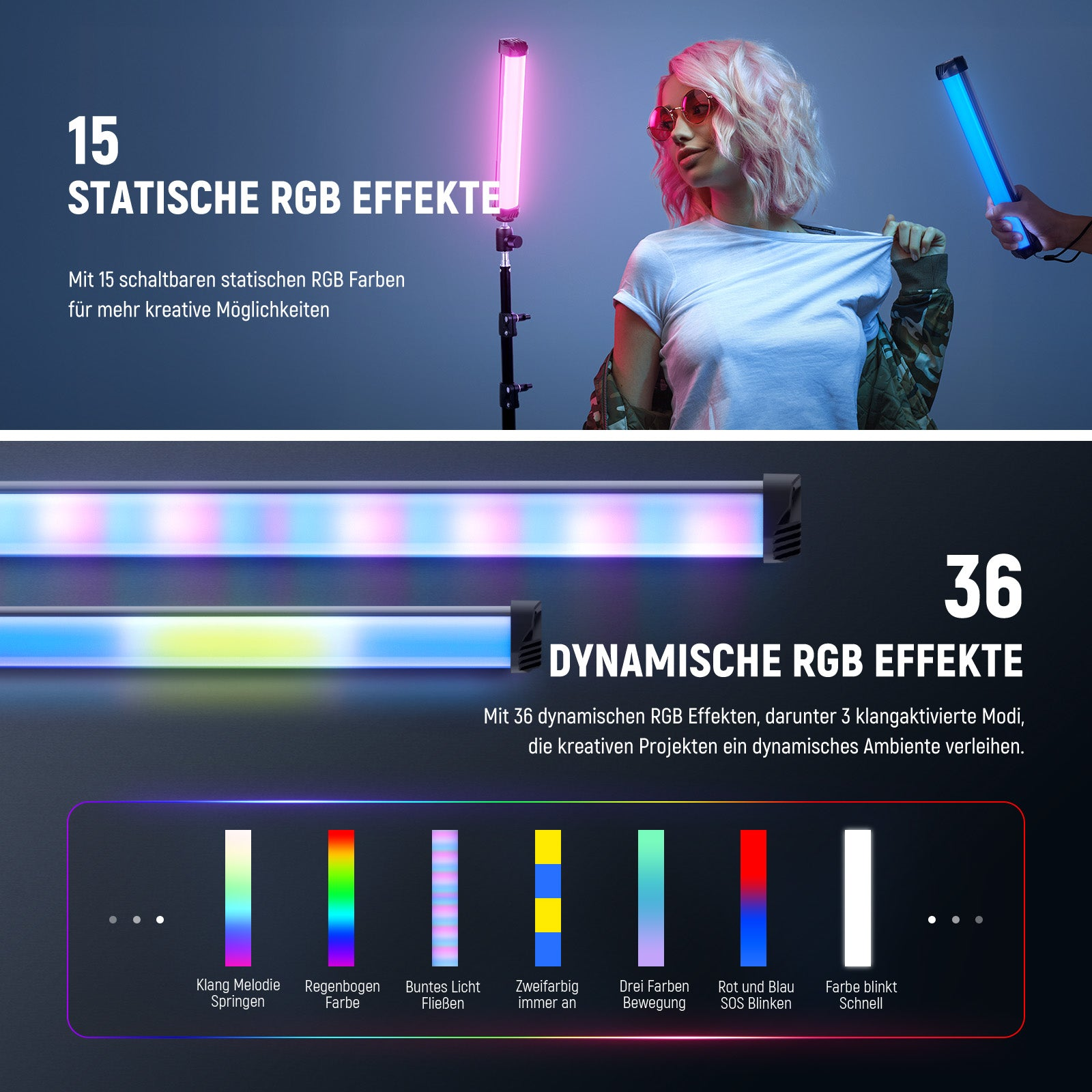 Produktwerbung für RGB-Leuchtstäbe mit statischen und dynamischen Effekten.