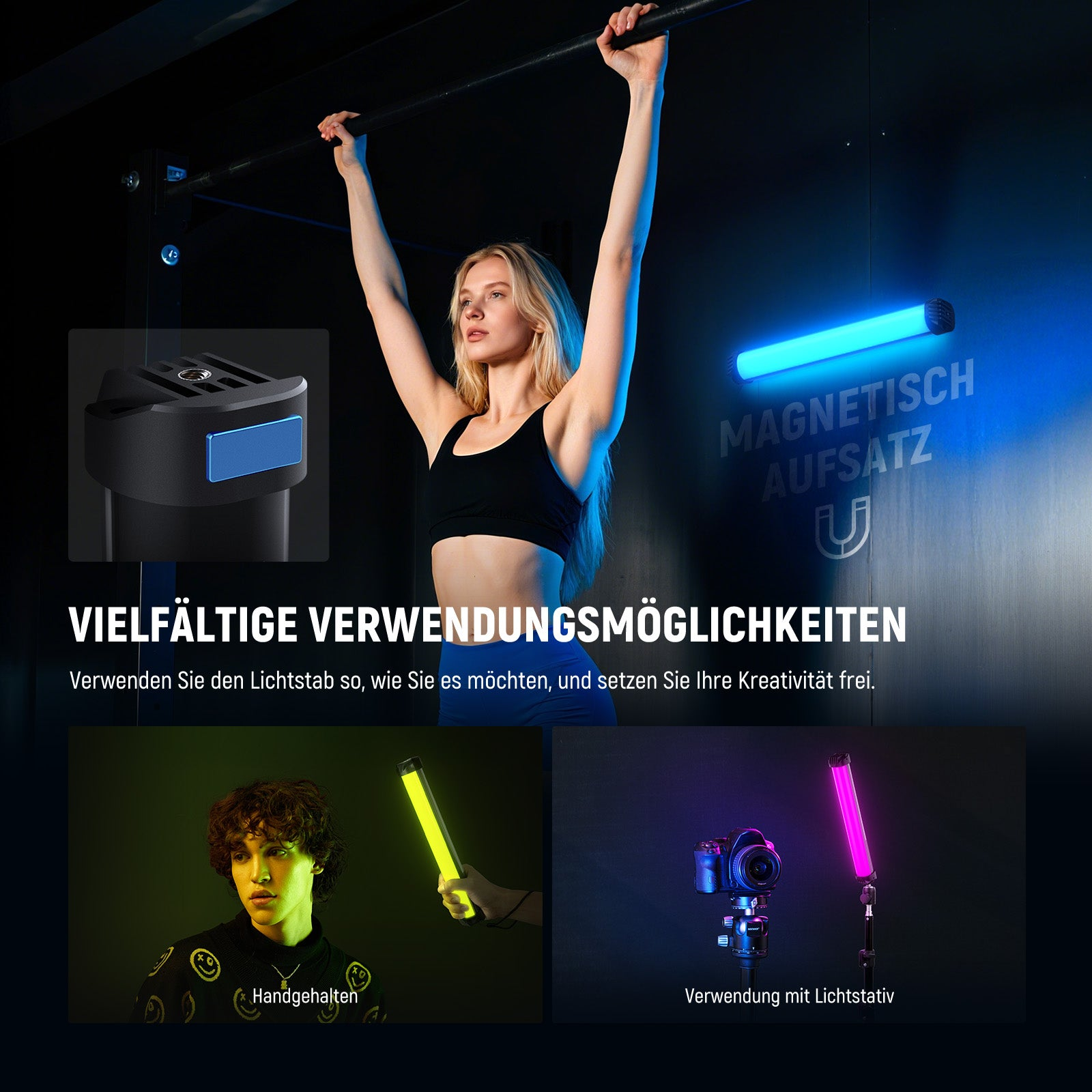 Eine blonde Frau hängt an einer Stange; unten zeigen Inset-Bilder einen Lichtstab im Einsatz.