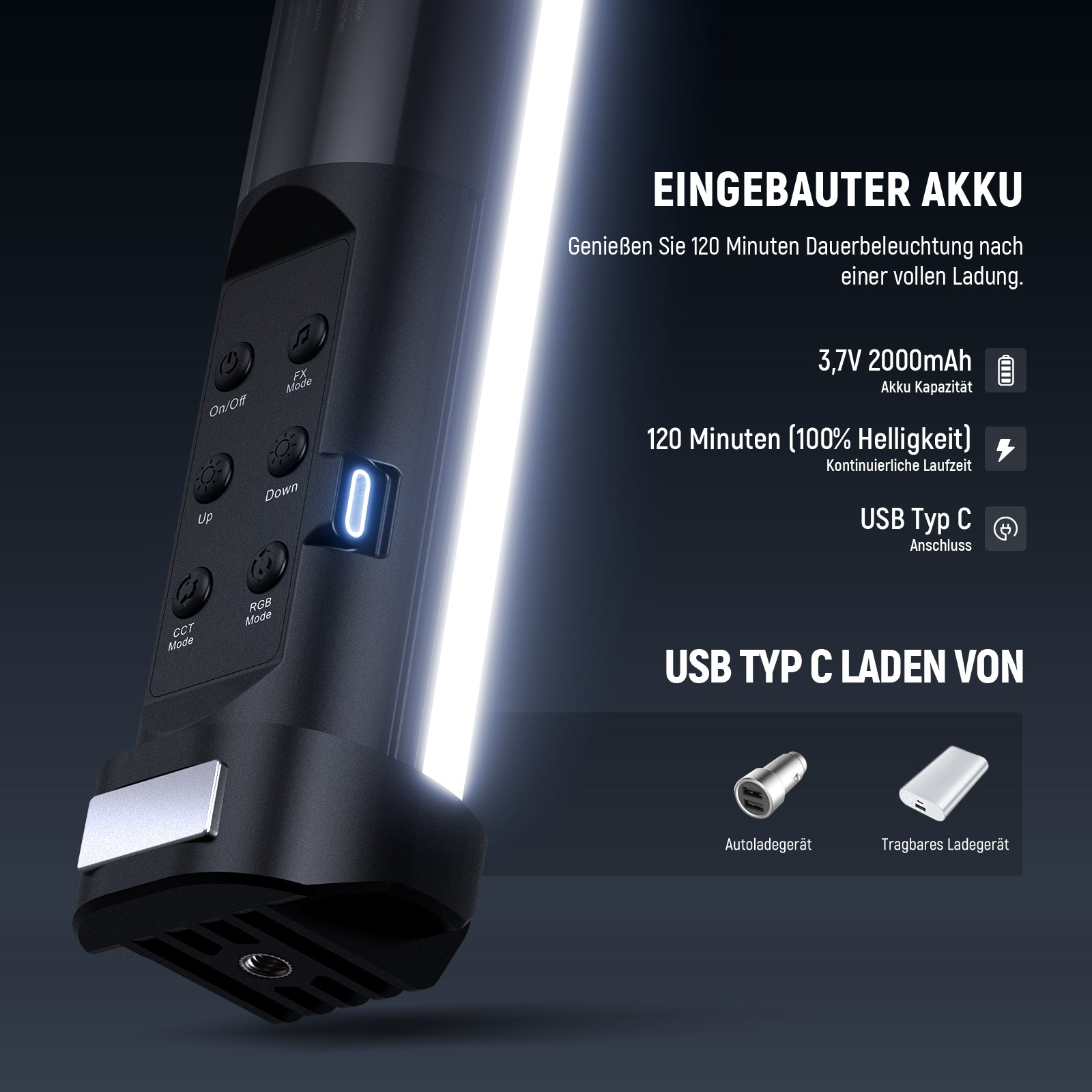 LED-Stablicht mit integriertem Akku, Steuertasten und USB-C-Ladefunktion auf dunklem Hintergrund.