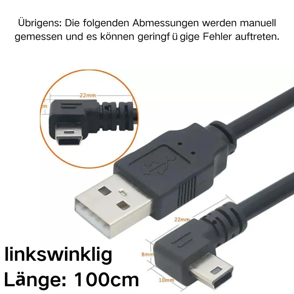 USB-Kabel mit rechtem und linkem Winkelstecker, Maße und 100cm Länge angegeben.