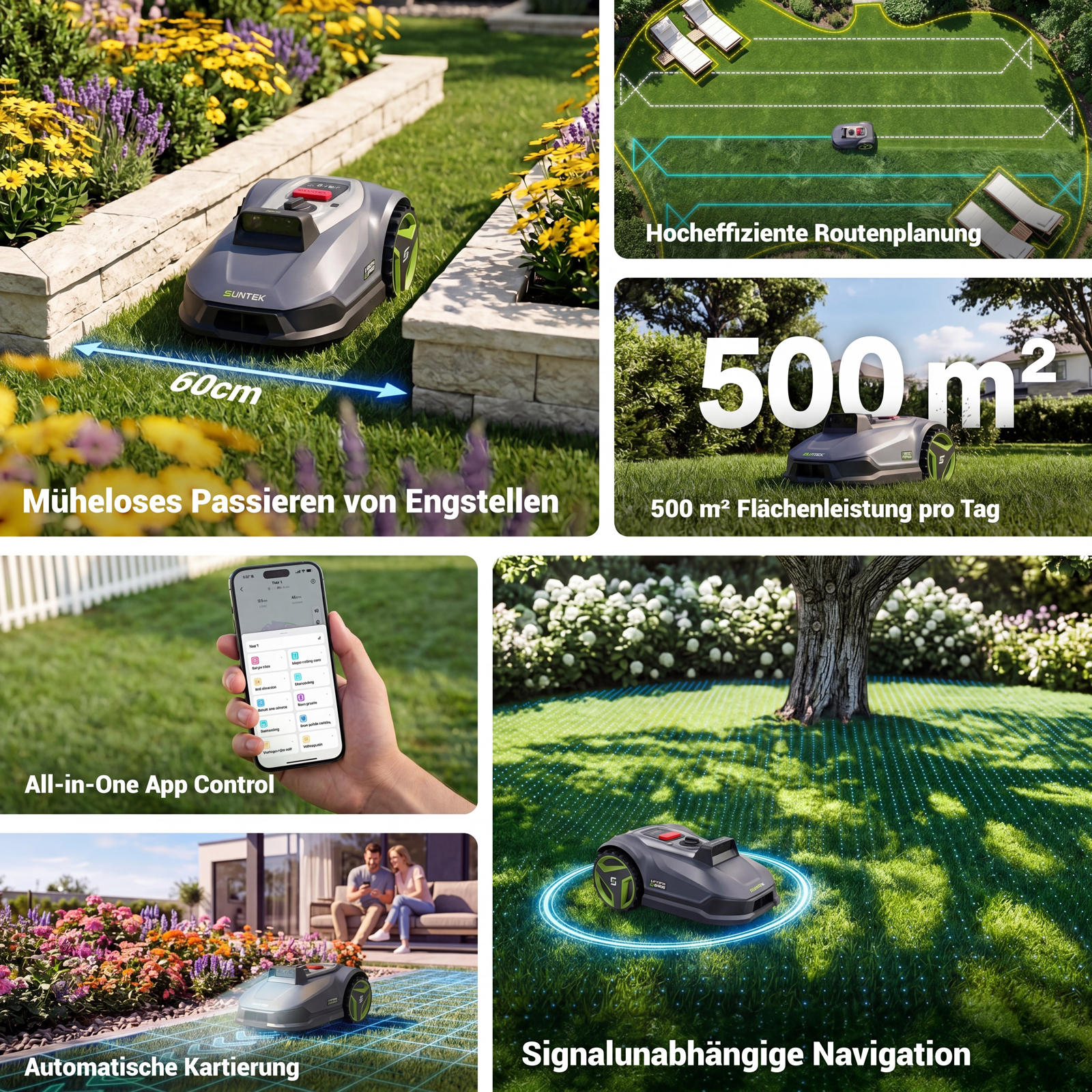 Ein Mähroboter in einem Garten mit verschiedenen Bedienfunktionen in Feldern.