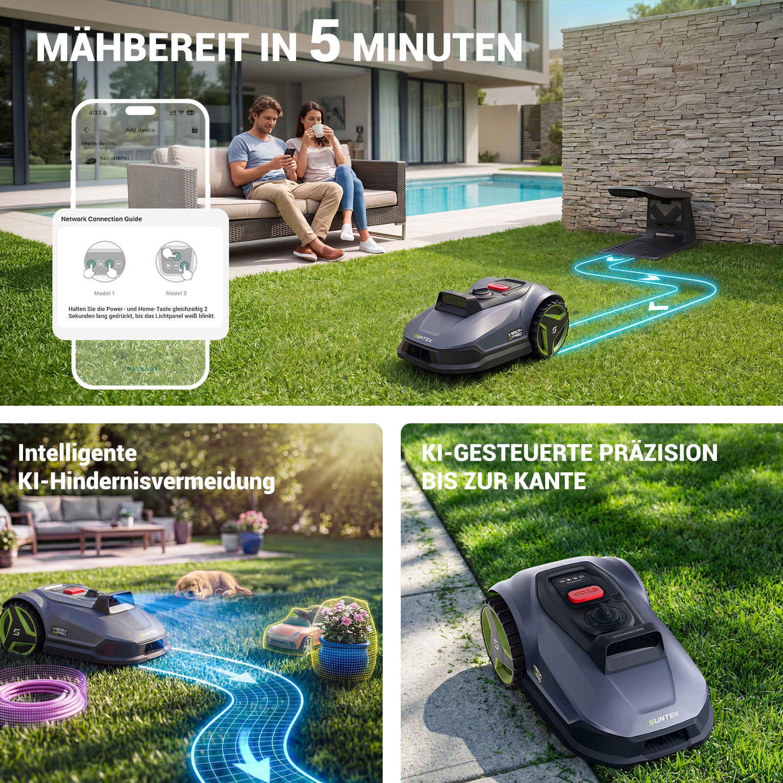 Ein Mähroboter auf grünem Rasen mit Smartphone und einem Paar auf einer Terrasse im Hintergrund.