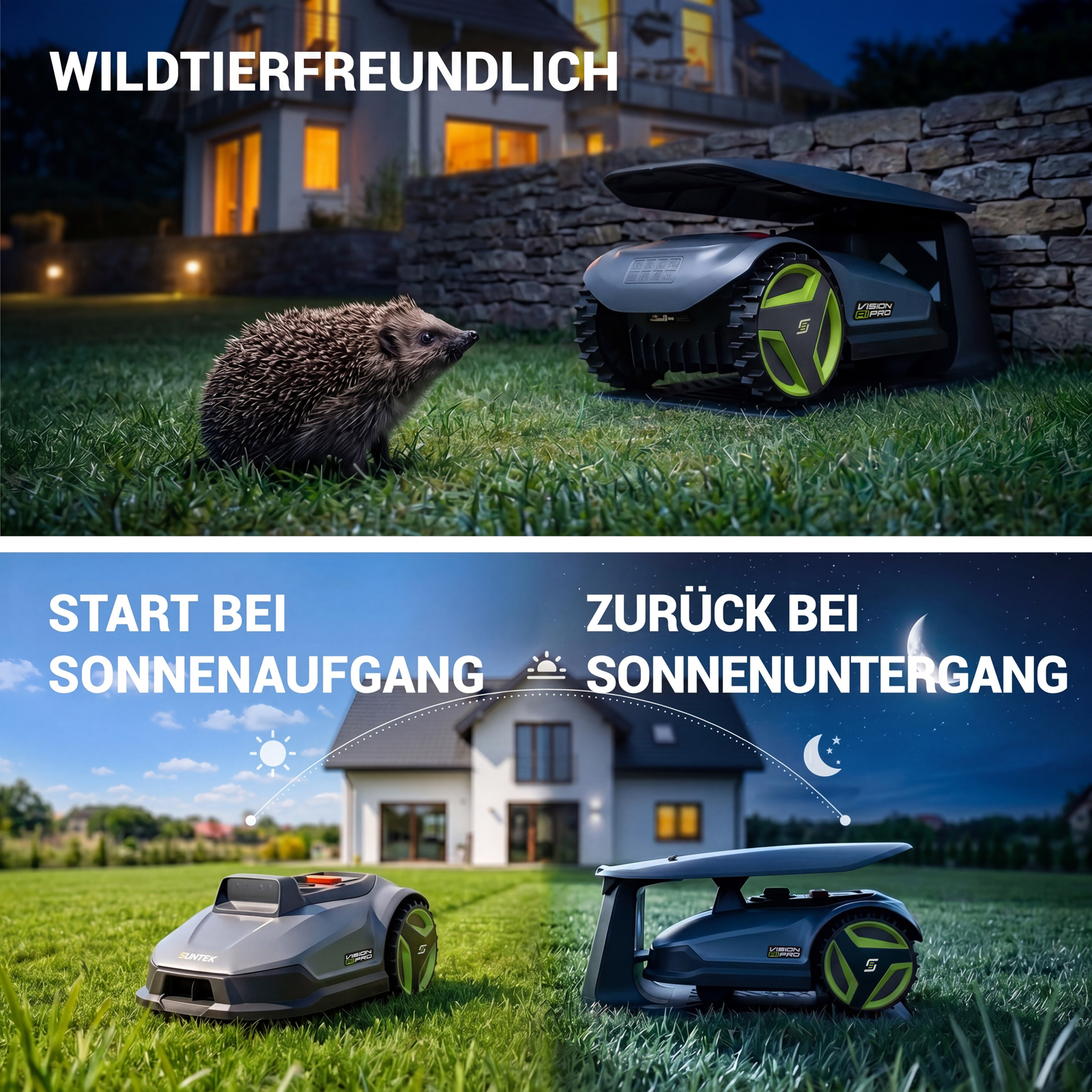 Ein Igel im Gras neben einem Mähroboter nachts und zwei Mähroboter im Übergang von Tag zu Nacht.