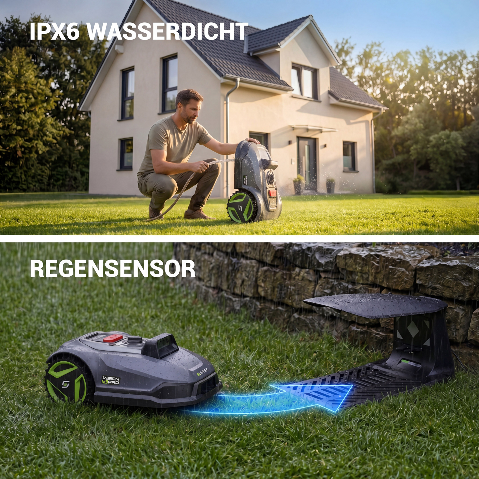 Ein Mann wäscht einen Rasenmähroboter auf einer Wiese, darunter ein Roboter bei Regen vor einer Station.