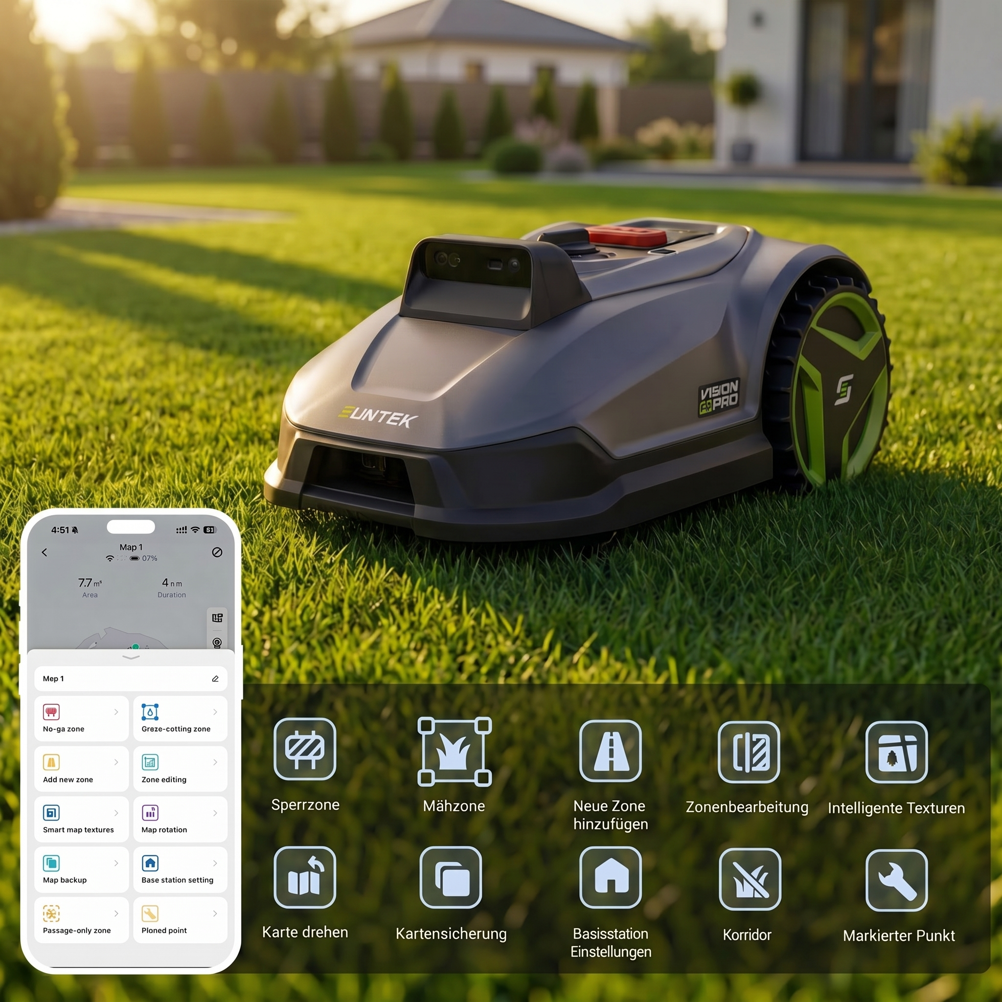 Ein grauer Mähroboter mit grünen Rädern steht auf dem Rasen, unten ist eine Smartphone-App abgebildet.